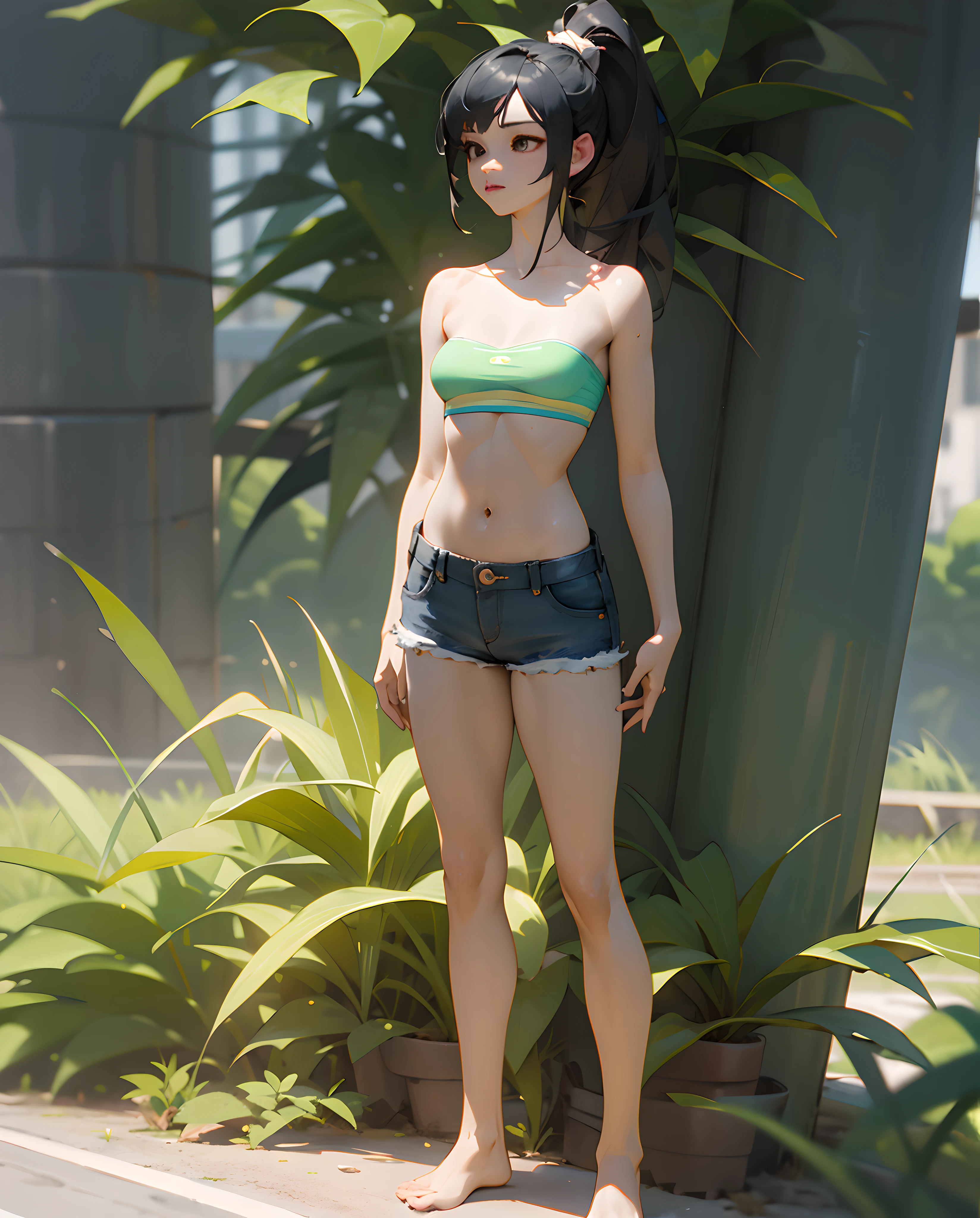 uhd,best quality,highqualitty8k,seper_detail,hight_details,realistic_details,fine_details,extremely_detailed,photorealistic,award_winning,masterpiece,ccurate,textured_skin,picture-perfect,anatomically_correct,1girl,standing,solo,3d,realistic,bikini_top,bare_shoulders,collarbone,navel,bandeau,black_hair,long_hair,barefoot,micro_shorts,short_shorts,denim_shorts,outdoors,plant,ponytail,field,grass,full_body,crop_top,tube_top,midriff,shiny_skin