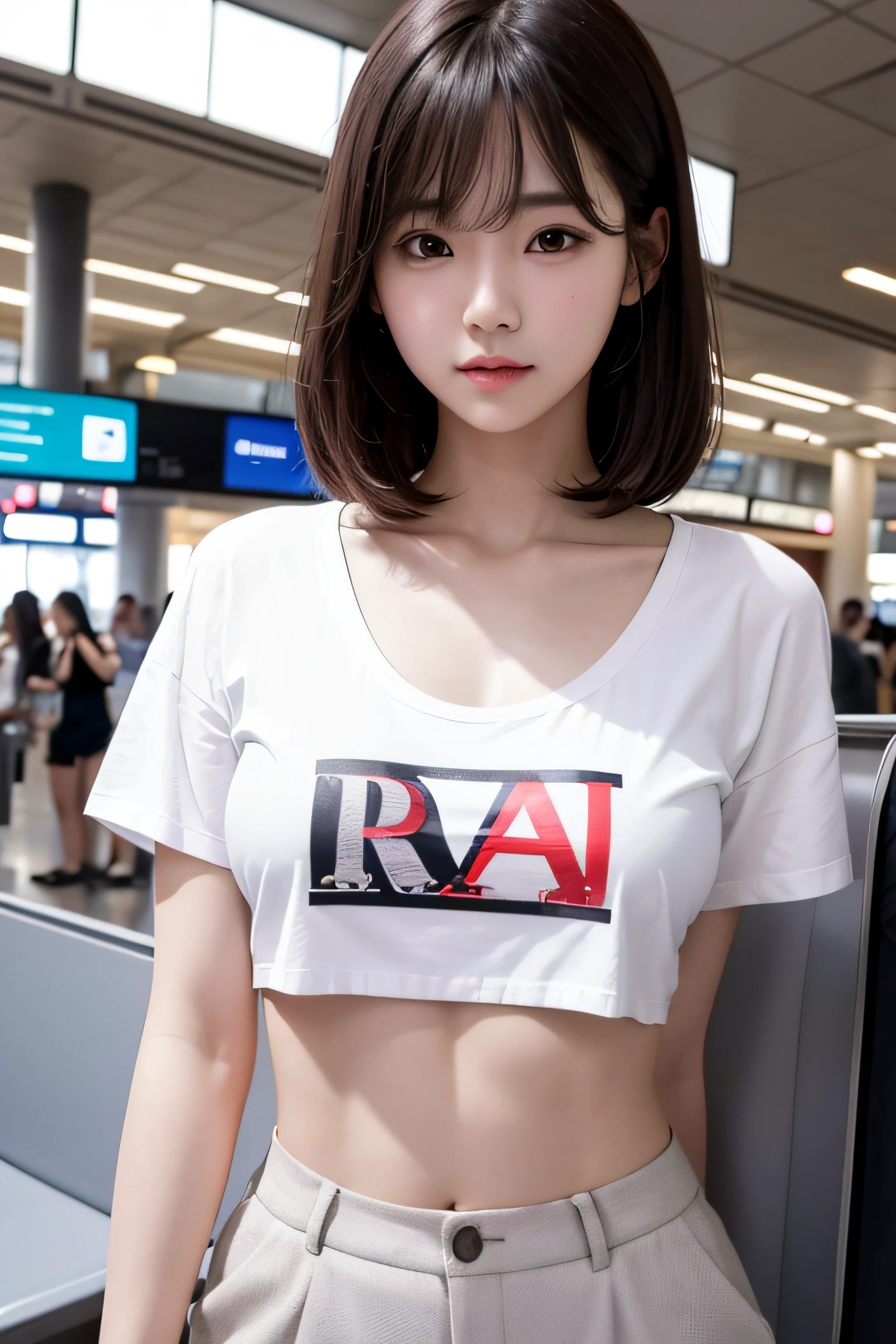RAW photo ,realistic photos of Korean female, crossed bangs, slightly smile, crop top t-shirt, in the airport, pov, Eye-Level Shot, UHD, masterpiece, highres, 16k, large breasts, covered, (abs), travelling, looking at viewer, little shy,