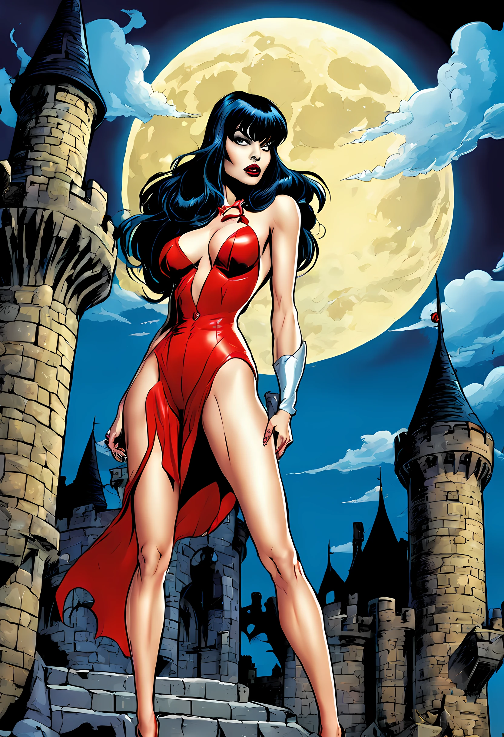 comic Vampirella outside castle at night, (), moon, clouds. graphic illustration, comic art, graphic novel art, vibrant, highly detailed, high saturation