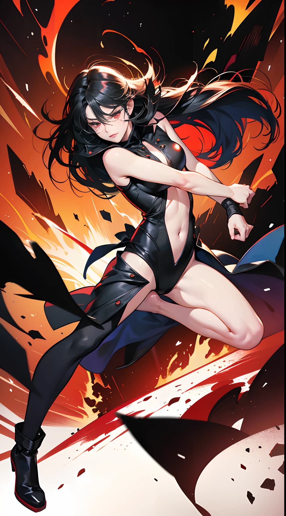 (Best Quality,4K,High resolution), Dark Hero,Superhumanization、(Best Quality,4K,High resolution),transform,An abnormal,sharp eye,Red glowing eyes,Facial expression enhancement,,Changing the Appearance of a Transform,Destroy the ground with your fists,POWERGIRL、Spread your fists、buttle,Reproduce delicate and realistic skin texture in detail,Realistically reproduced muscles、Texture、Realistic portrayal,Vibrant colors,expresive,Classic background(Best Quality,4K,High resolution), Comical appearance,(Best Quality,4K,High resolution), 18yo woman, Red highlights on black hair, Long hair, Straight hair, Cool Woman,Small breasts、Superhumanization,Cold eyes ,sharp eye,Red and black decoration with intricate decoration、ripped clothing,comic strip,animesque,Comical illustration,busy,Deformed cute illustration,Full body projection,Doomsday World,Fighting,Dark worldview,Delicately reproduced dynamism、Combat stance