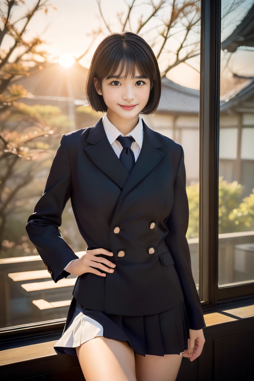 (great masterpiece、top-quality、high-level image quality)、(A Japanese Lady、Idol actress:1.3、Good looks、Mature atmosphere:1.4)、(((Japan schoolgirl、Neat and clean 18 years old)))、(((perfect anatomia、Beautiful limbs、Perfect physiology)))、((Healthy body、short-hair、A dark-haired、bangss、Clear black eyes、Model Grade Body))、(爆乳:1.5)、(Japan JK Uniform、Neat grooming、Fashionable),school classrooms、by the window、Sunset small burn、Beautiful thighs、Cute figure、professional photograpy、gravure、agitation、Smile、