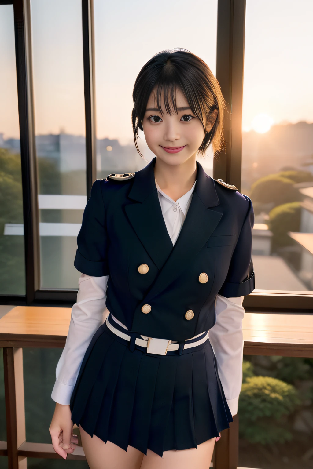 (great masterpiece、top-quality、high-level image quality)、(A Japanese Lady、Idol actress:1.3、Good looks、Mature atmosphere:1.4)、(((Japan schoolgirl、Neat and clean 18 years old)))、(((perfect anatomia、Beautiful limbs、Perfect physiology)))、((Healthy body、short-hair、A dark-haired、bangss、Clear black eyes、Model Grade Body))、(爆乳:1.5)、(Japan JK Uniform、Neat grooming、Fashionable),school classrooms、by the window、Sunset small burn、Beautiful thighs、Cute figure、professional photograpy、gravure、agitation、Smile、