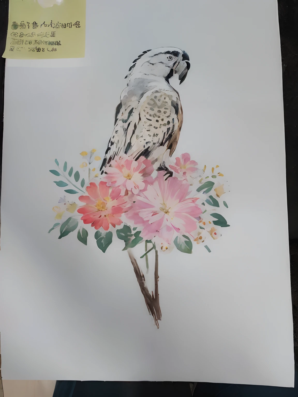 There is a painting，Birds with flowers on it, penned with thin colors on white, Template art, tattoo stencil, paper cut out, Parrot, drawn on white parchment paper, ink artwork, added detail, arte em papel cortado, author：Ayako hexagon, Ink outline, look at all that detail!, stencil, inked drawing, ink outline