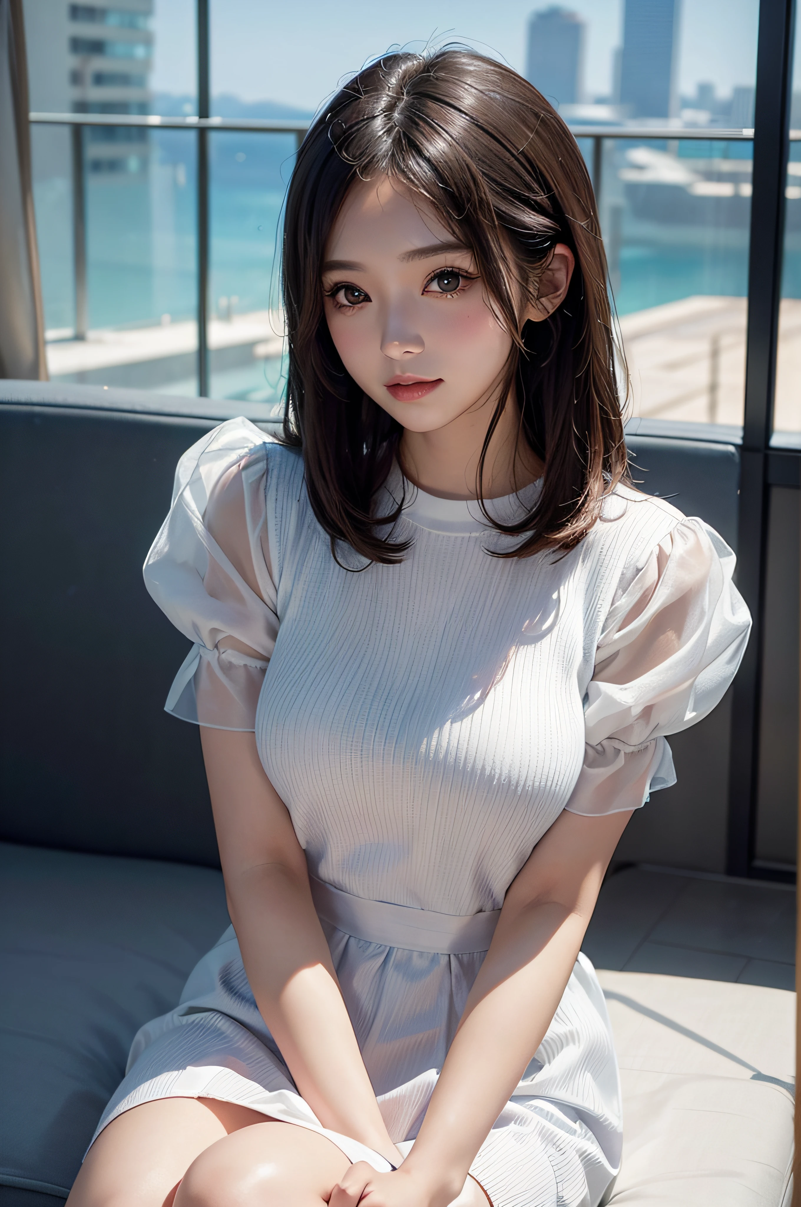 ​masterpiece、Top image quality:1.2、((beautiful young woman with))、Transparent skin:1.2、{A slight smil}、(kawaii)、Transparent short sleeve knit:1.2、luxury hotel、depth of fields、Sharp Focus:1.5、Fine details