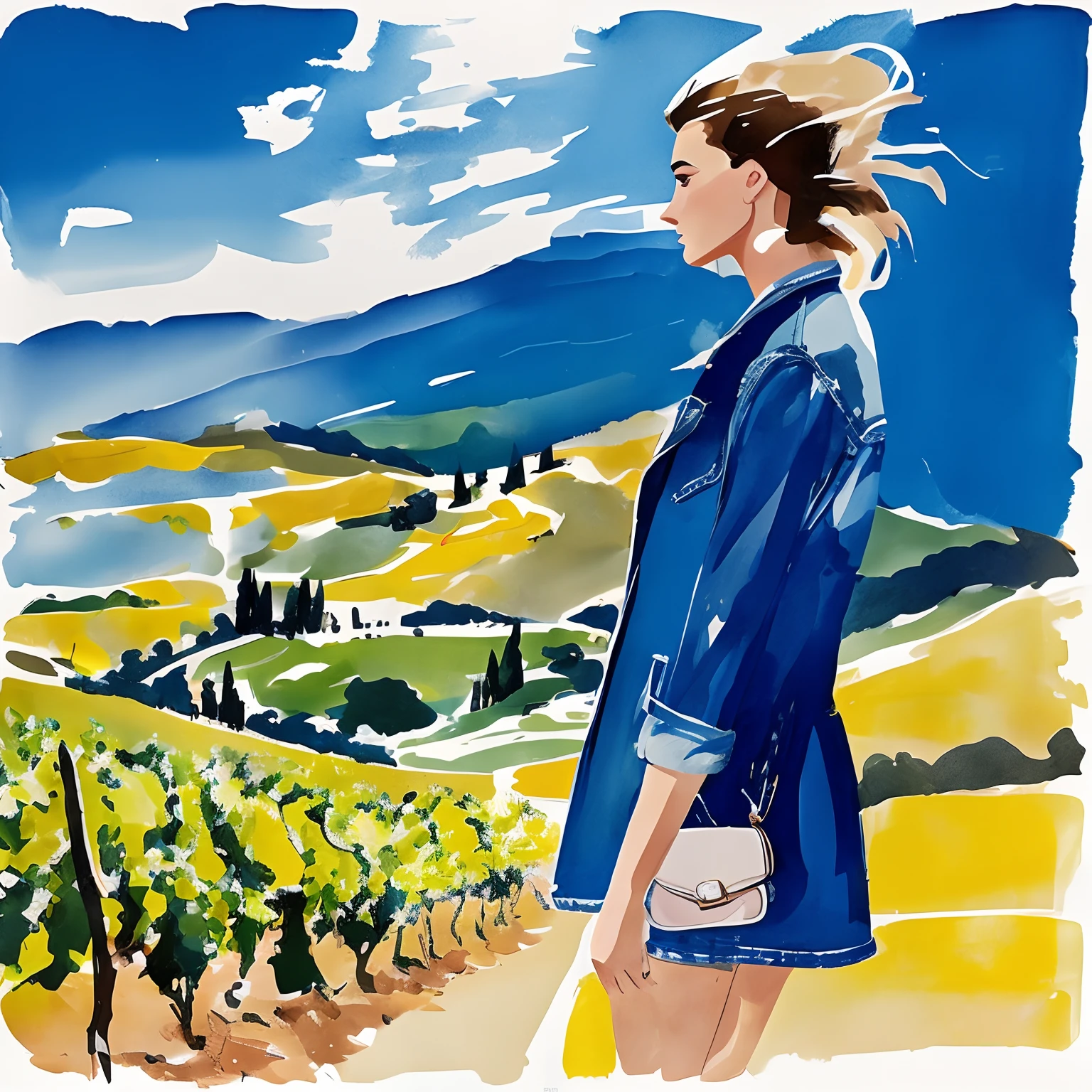 David downton fashion illustration, blonde bob thin hair 1woman, andreea diaconu, trendy blue denim jacket, tuscany green landscape, italy, grape leaves, sunlight