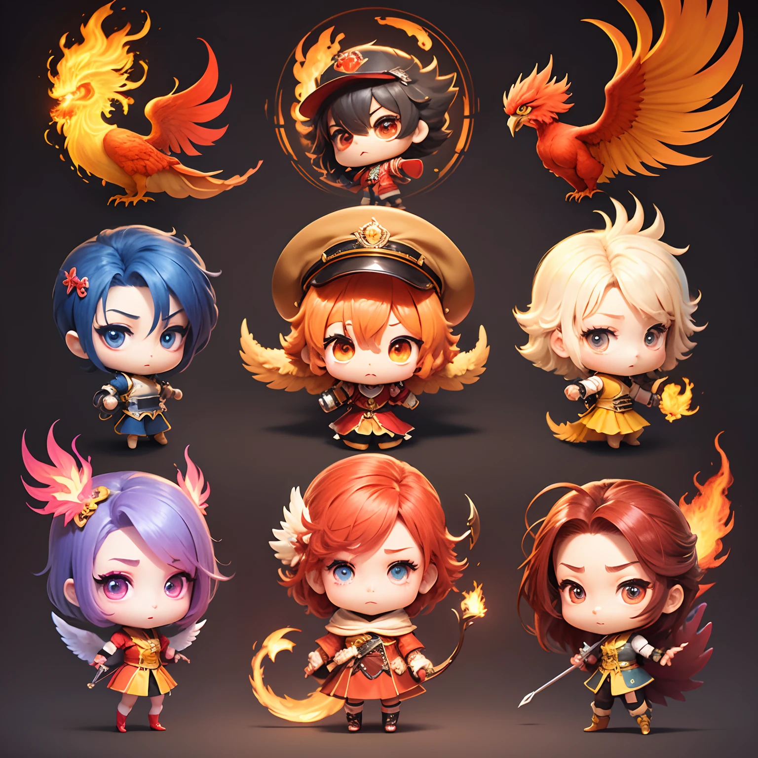 masterpiece、top-quality、ultra-detailliert、(Chibi Chara Phoenix:1.2)、Red Firebird、burning、