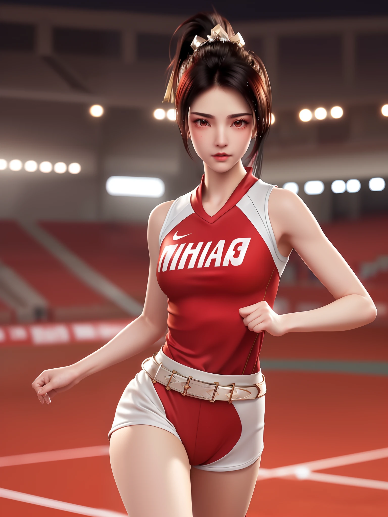 SYWZwangyuanyuan,1girl, armor,cityscape, morning, looking at viewer, mature female, red eyes,high ponytail, hair ornament, red shirt,cowboy shot, pauldrons,((masterpiece, Top image quality, hight resolution、独奏、small tits、Sleeveless uniforms on land、track and field athlete、high-ponytail Hairstyle、Tecateca skin、glowy skin))、Sweaty face、Latina, puberty, full of sweat、red lipsticks、Walk along the tracks of the athletics stadium、独奏、On both hands and hips、Navel is visible、((Thigh Raising Training))、((Running on the track))、(((Macho Body)))、((Uniform wet with sweat))、(((see the whole body)))