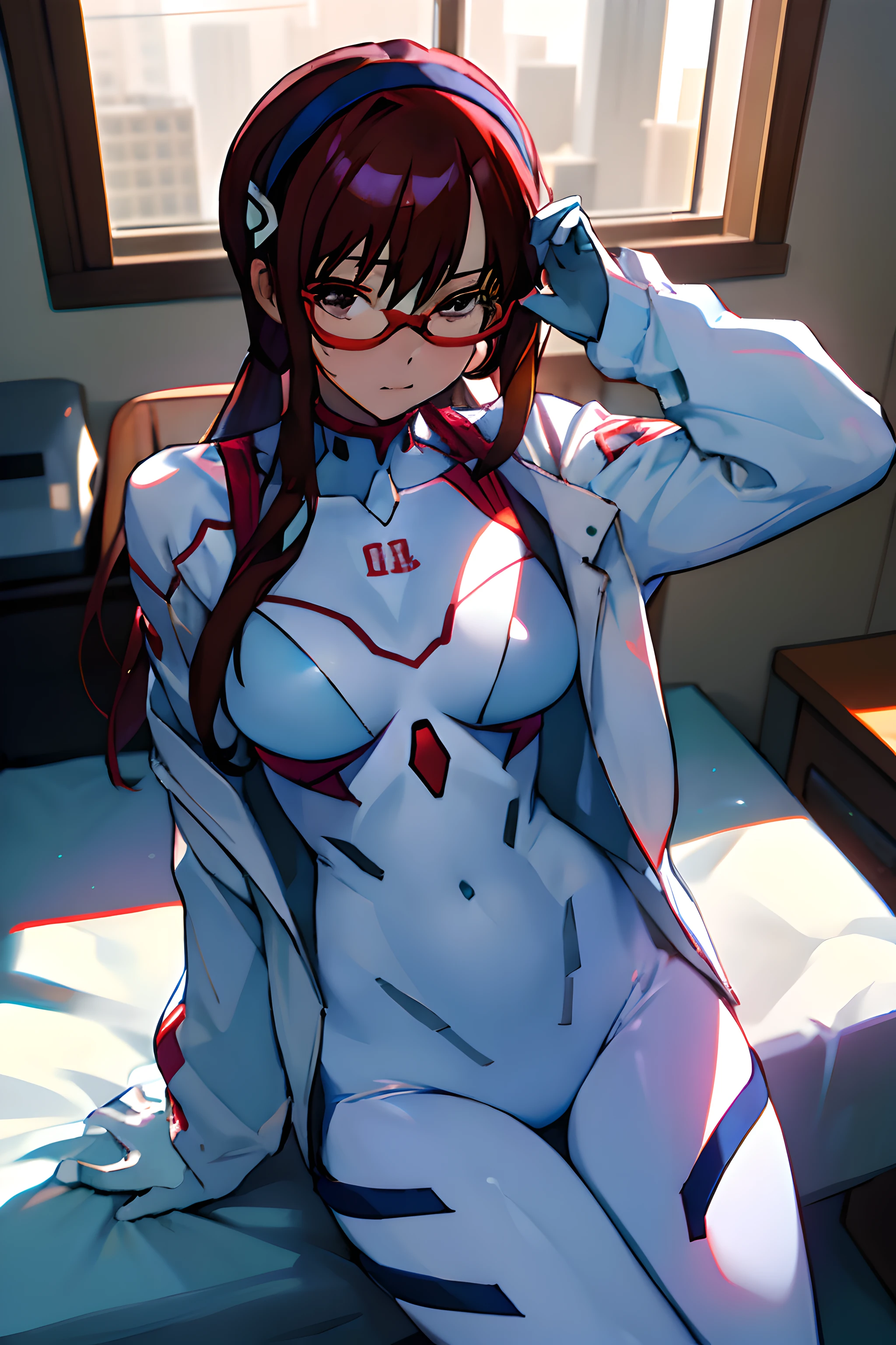 masterpiece,best quality,1girl,makinami mari illustrious,hairband,red-framed eyewear,white bodysuit,open jacket,sitting,indoors,bedroom,science fiction,cowboy shot,