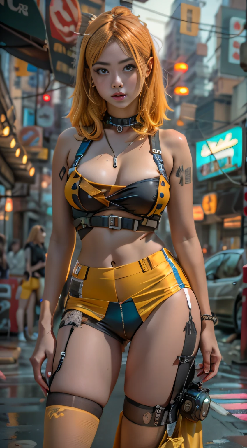 unreal-engine:1.4,Ultra-realistic 64K CG, Fotorrealista:1.4, Skin texture:1.4, tmasterpiece:1.4,Pose behind a beauty with doll lingerie、Yellow cyberpunk-style shorts, Red pantyhose , Blue miniskirt,,Stand on the street of cyberpunk