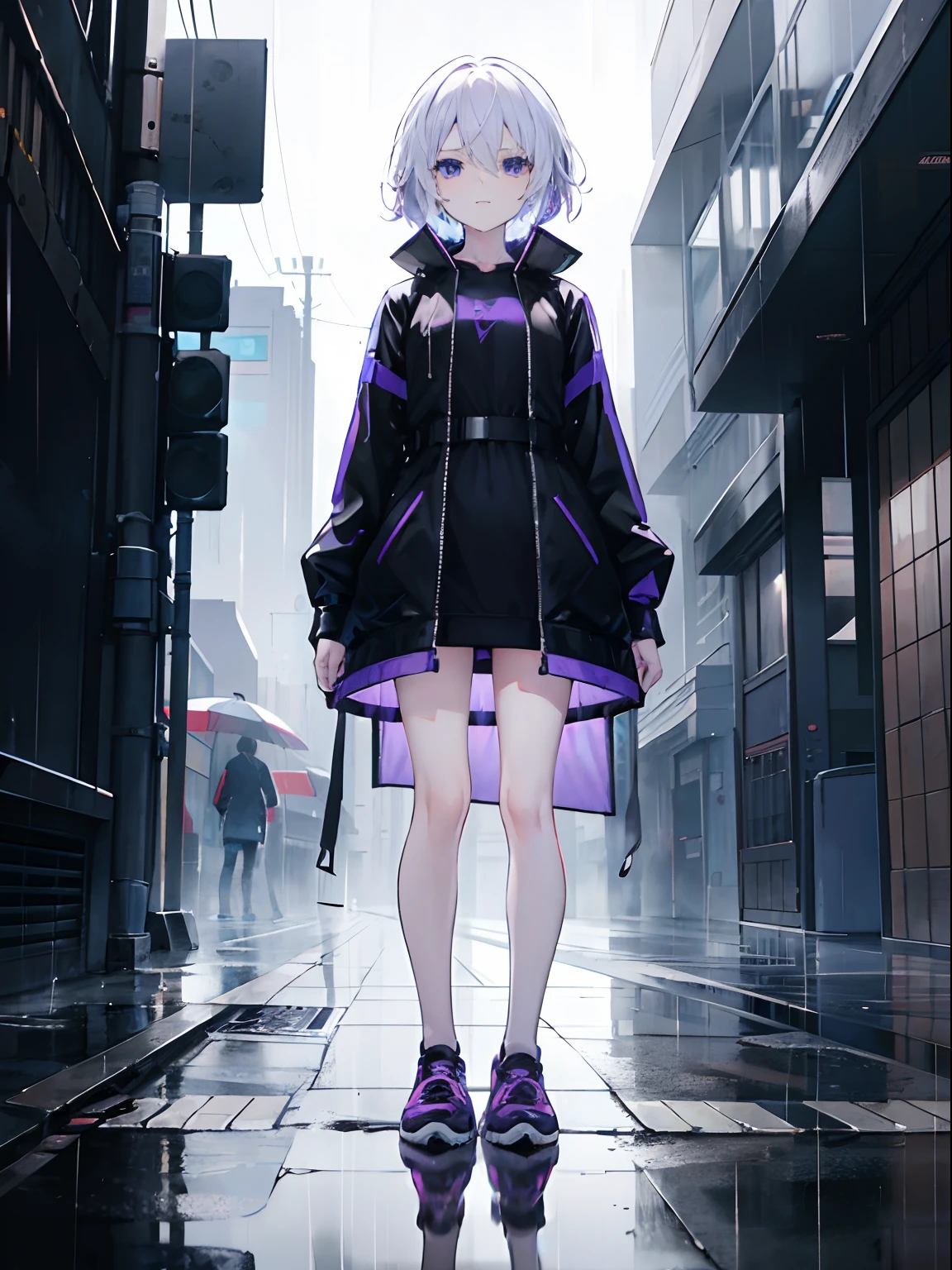 1 female body，standing，Fit your body,  white short messy hair, Sky blue eyes, black coat with purple pattern，Short black dress，ssmile，athletic sneakers ,rained，Wet ground，Rain on the body，sharp-focus，A high resolution, ultrasharp, 8K, Masterpiece, (loli), arms crossed