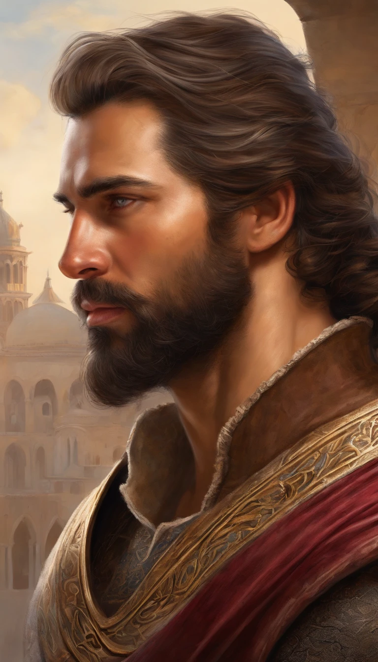 Italian man with beard, slight smirk, smirk, tan skin, shoulder length hair, laminar leather armour, bright skies, brown hair, short beard, renaissance, renaissance armour, Venice, renaissance city, Italian city, Italy, scar, modelshoot style, (extremely detailed CG 8k wallpaper), most beautiful artwork in the world, portrait, majestic, trend at ArtStation, trend at CGSociety, Intricate, High Detail, Sharp Focus, Dramatic and Photorealistic Painting Art