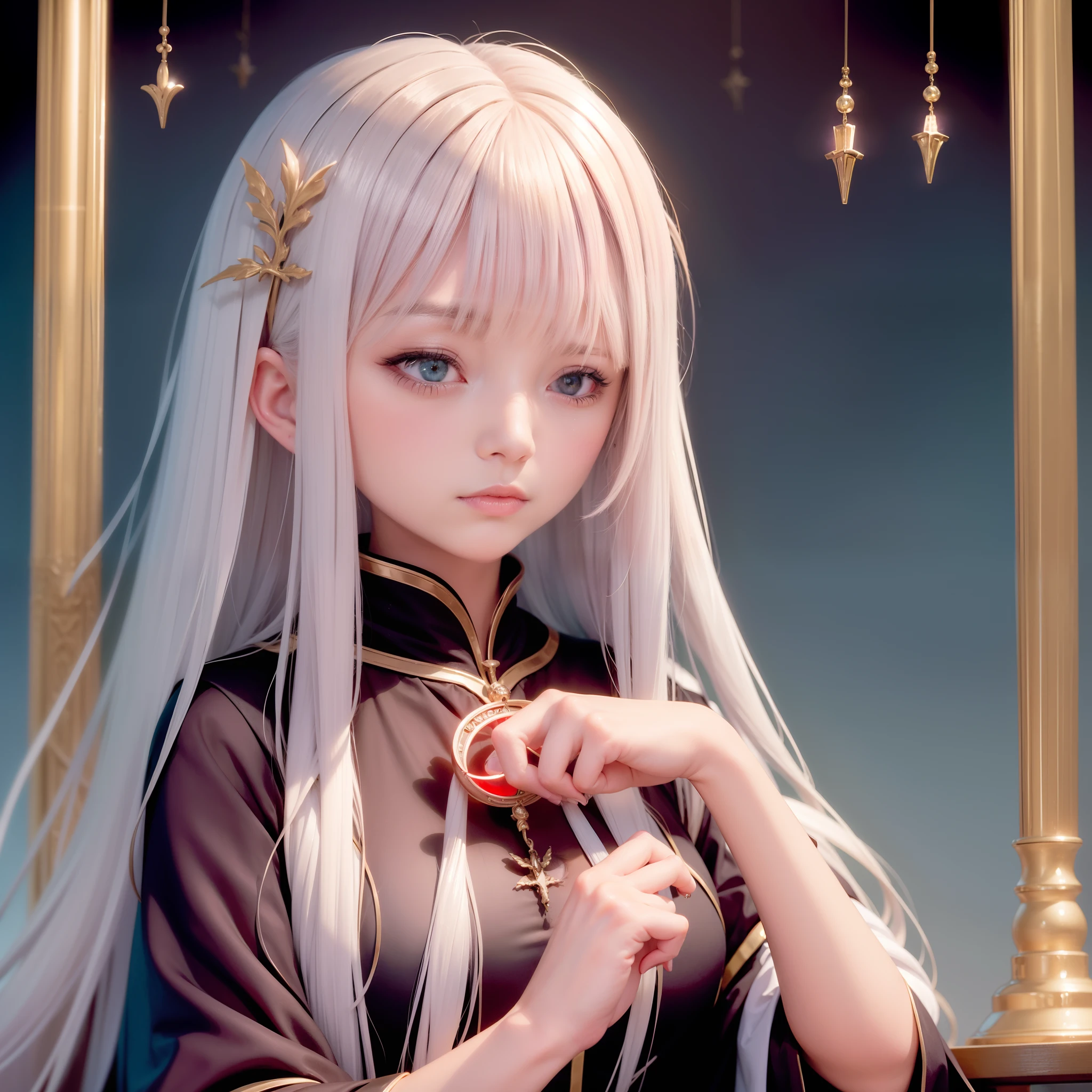 Mysterious woman doing tarot reading,Tarot Reading,cute face,Blunt bangs, Straight hair, Shiny hair,Medieval mystery clothes,Mysterious fortune teller,Mysterious hermit,White Magician,magical lights,albino,Red Eyes,Red glowing eyes,magical lights,