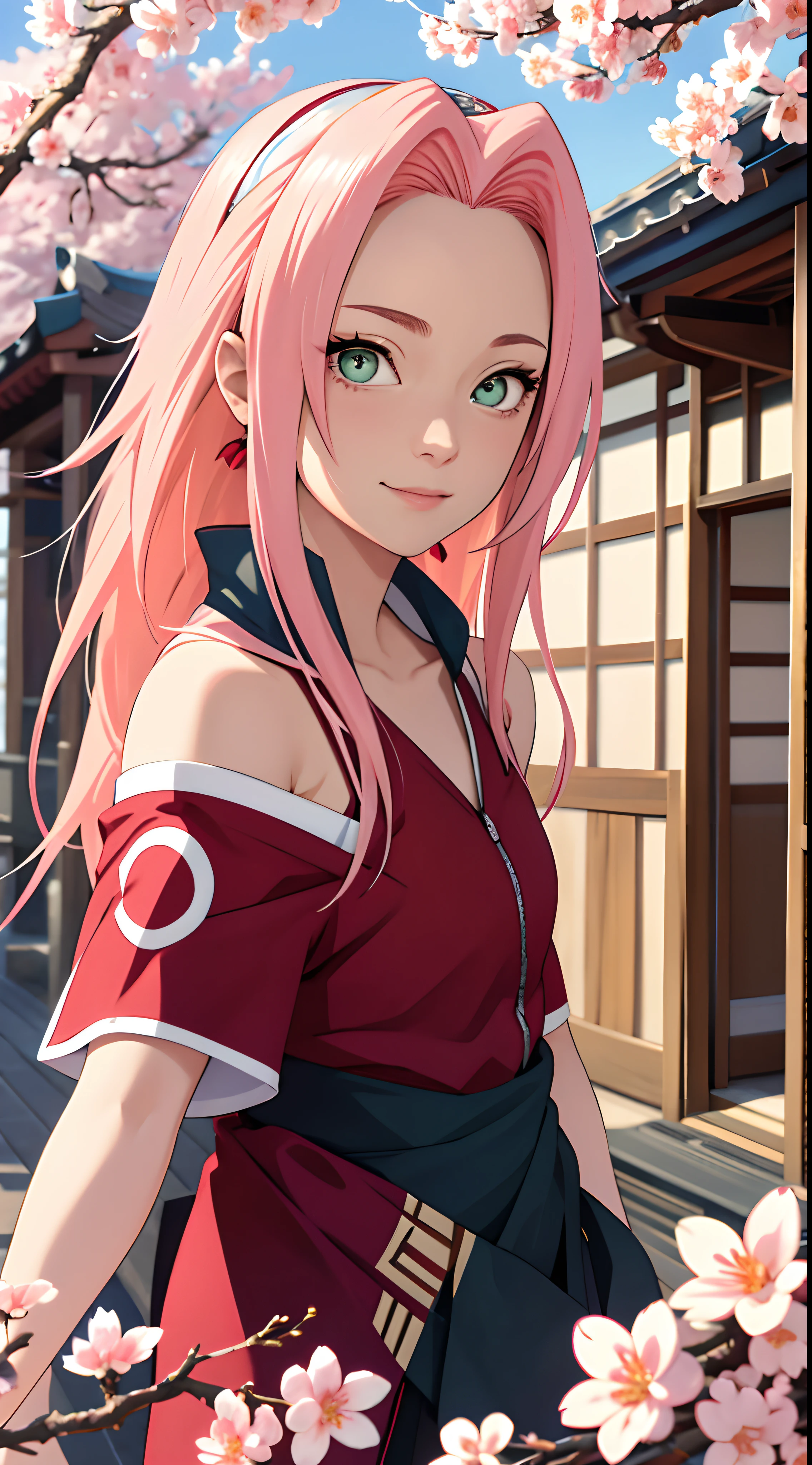 tmasterpiece, Best quality at best, 1girll, Sakura Haruno,Off-the-shoulder attire,(Close-up of the upper body),Raised sexy,is shy,ssmile,with pink hair, long whitr hair,Wearing a ninja suit, (Green eyeballs:1.4), Forehead protection,printed,japanese temples,comic strip,colorful,SakuraNS,The frames,Ancient Japan with cherry blossoms falling on clear and sunny days。