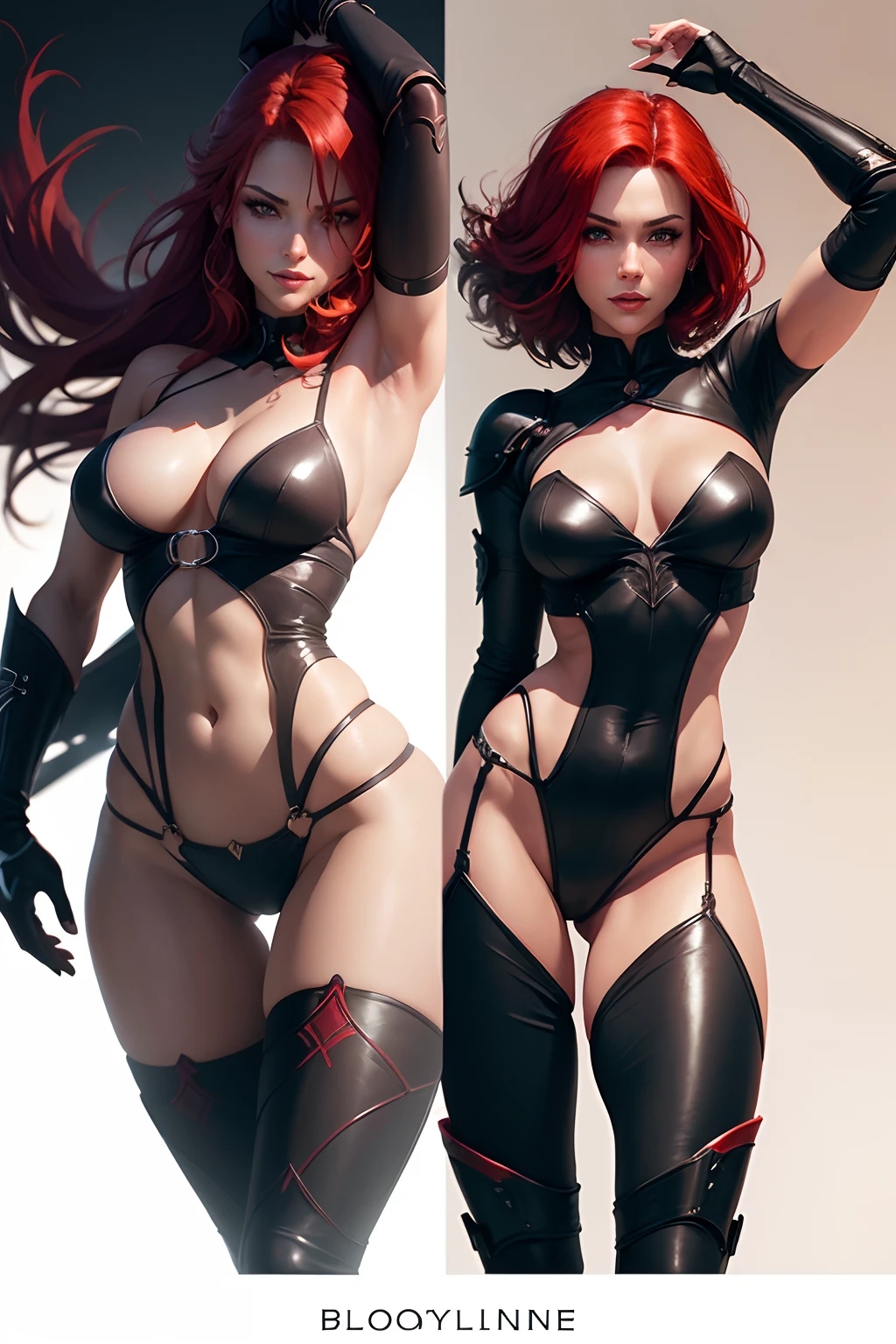 a beautiful woman, finely crafted facial Rayne from game the BloodRayne features, on white background, intricate brush strokes, beautiful lighting, Cinematic, Color correction, stylized anatomy, short red hair, full body, evil smile, sexy pose,