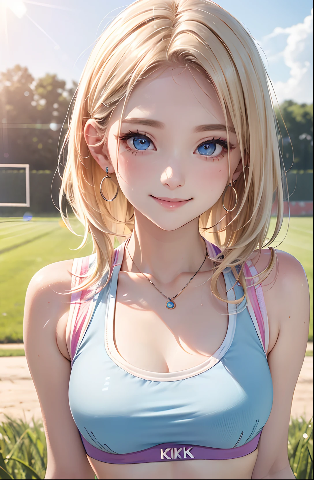 Teen Girls、(masterpiece:1.4)、(in 8K、realisitic、Raw photo、top-quality:1.4)、(Real Face:1.4)、(real looking skin:1.3)、超A high resolution、A hyper-realistic、Eyes in Beautiful Details、Blonde longhair、Wavy hair、white shirt、no-bra、high detailing、(huge-breasted:1.5)、cleavage of the breast、Blushing、Embarrassed look、gargantilha、School sports ground