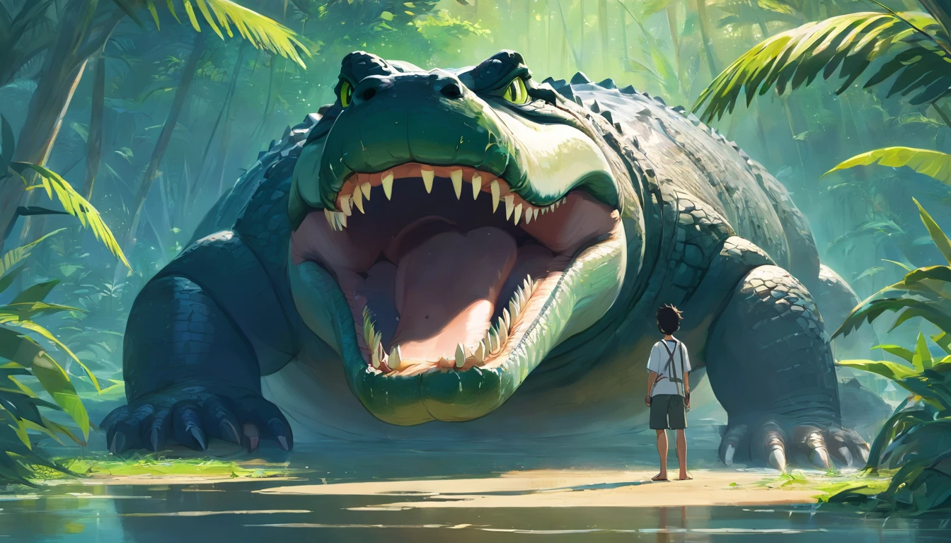 Black fat man in the mouth of a huge alligator, Grown by alligators in a swamp, cartoony, Africa, Jungle