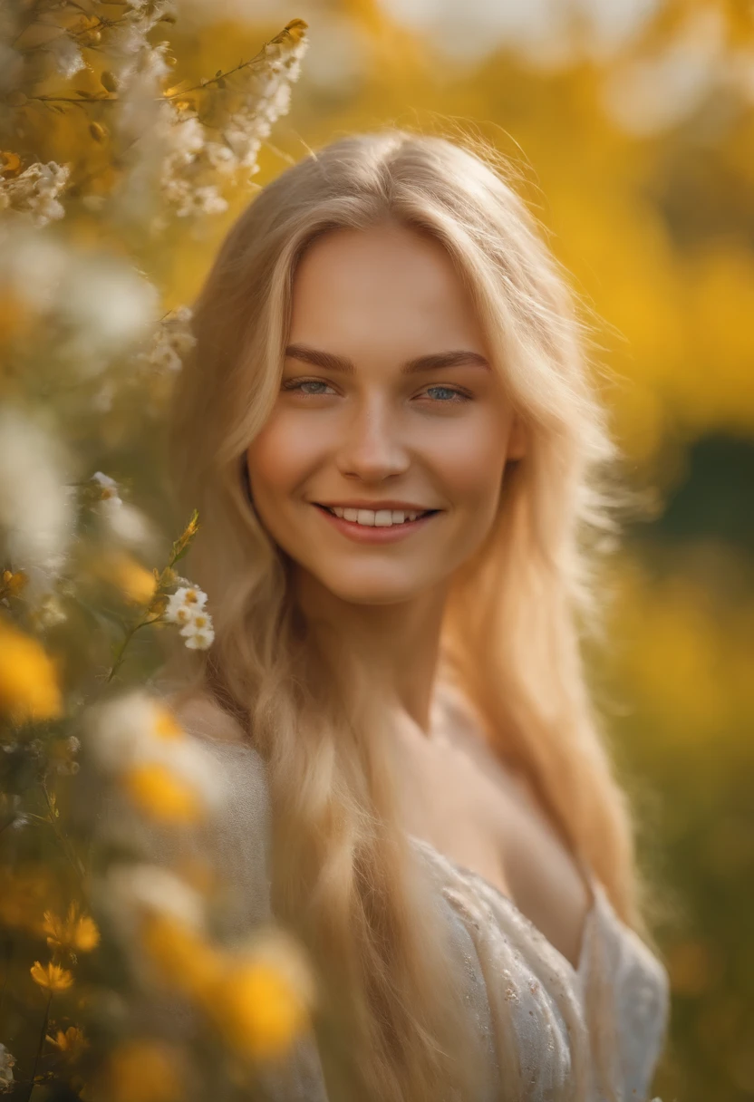 beautiful Slavic girl with freckles on her face, blonde hair, with a smile, face closed, in a meadow full of flowers in the background, birch trees, sunny day photorelistc Nikon Z9