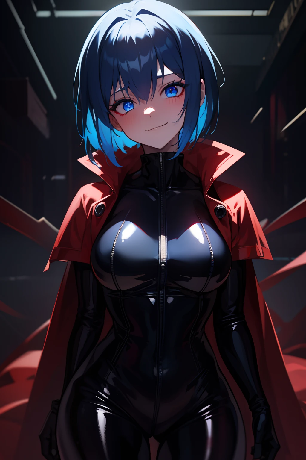 1girll, 独奏, standing on your feet, hair adornments, Blue eyes,, mechanicalparts, electrical wires, electric cables, Failure effect, terroral, sci-fy, A futuristic, background inside dark, neonlight, cyber punk perssonage, hyper realisitc, eerie, unnerving, spine-chilling, terroral, onesie,Blue eyes,Venom possession,Blackened,Long blue gloves,Jumpsuits,Skinny one-piece latex clothing,Highlight her gorgeous figure,Wrap the whole body,symbiote,((Raised sexy)),onesie,Blue eyes,Venom possession,Blackened,Long blue gloves,Jumpsuits,Black latex clothing,Blue eyes,Best quality, high resolution, Ultra-detailed, Vivid texture, Mask, Skinny one-piece latex clothing, bangs, Blue hair,Wear socks,Blackened,Wrapped in black slime,A sad expression,Say goodbye to the gaze,Red coat,long eyelasher, solid circle eyes, Light smile, Ear blush, Dark blue hair, hair between eye, Short hair,, Mad eyes,, Crazy smile, Sad smile, Evil smile, crazy, jitome, shaded, Yandere, chin grab, disdain, Evil, Crazy smile, Colored inner hair, Blue hair, Dark blue hair, surrealism, shadowing, anaglyph, stereograms, tachi-e, angle of view, Atmospheric perspective, Chiaroscuro, Cinematic lighting, 8K, Super detail, ccurate, Best quality, hyper HD, retinas, Masterpiece, Textured skin, Award-Awarded, A high resolution, Best quality, Super detail, best qualtiy, 8K, digitial painting,Red coat,Anime girl in red cape
