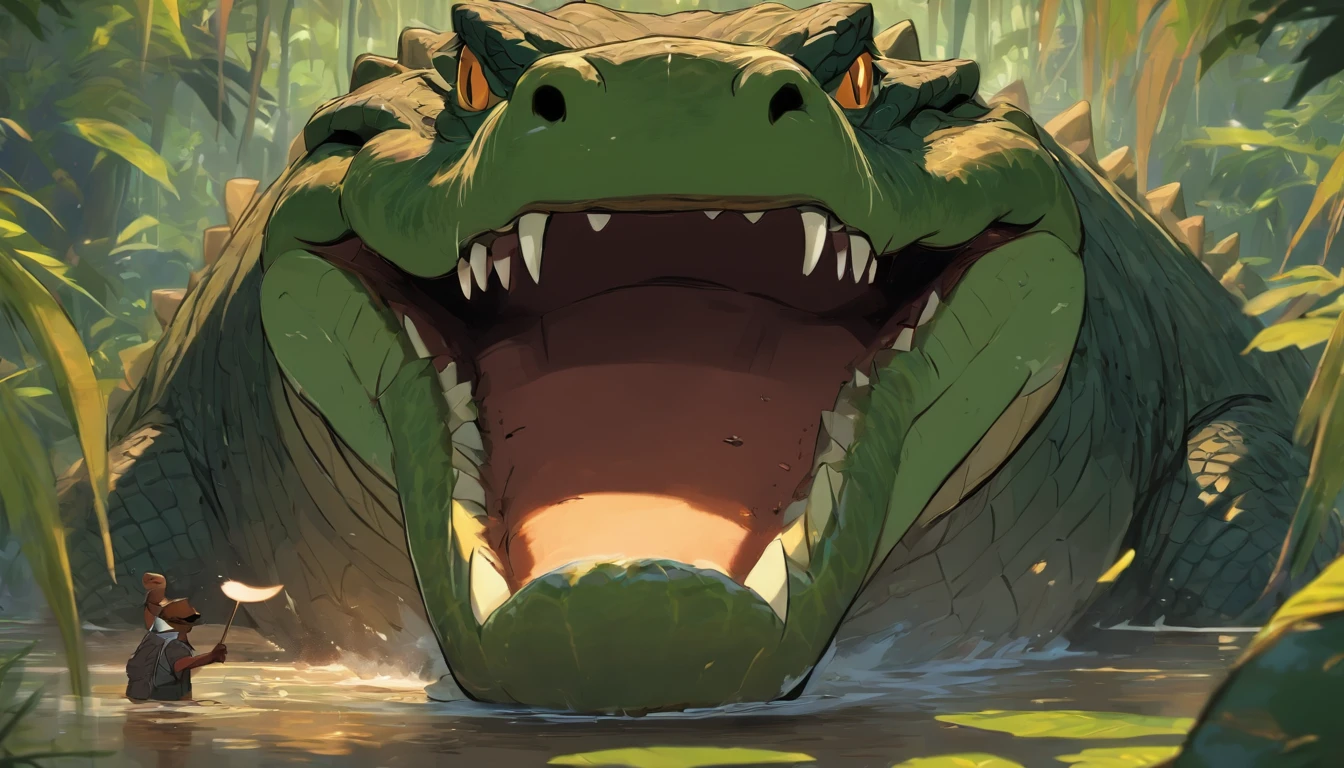 a big crocodile with a big mouth and sharp teeth, in a grassland