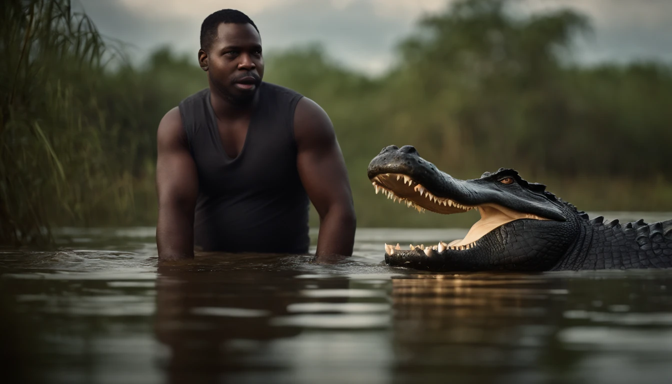 fat, shirtless black man fighting alligators in a swamp at night flash photography