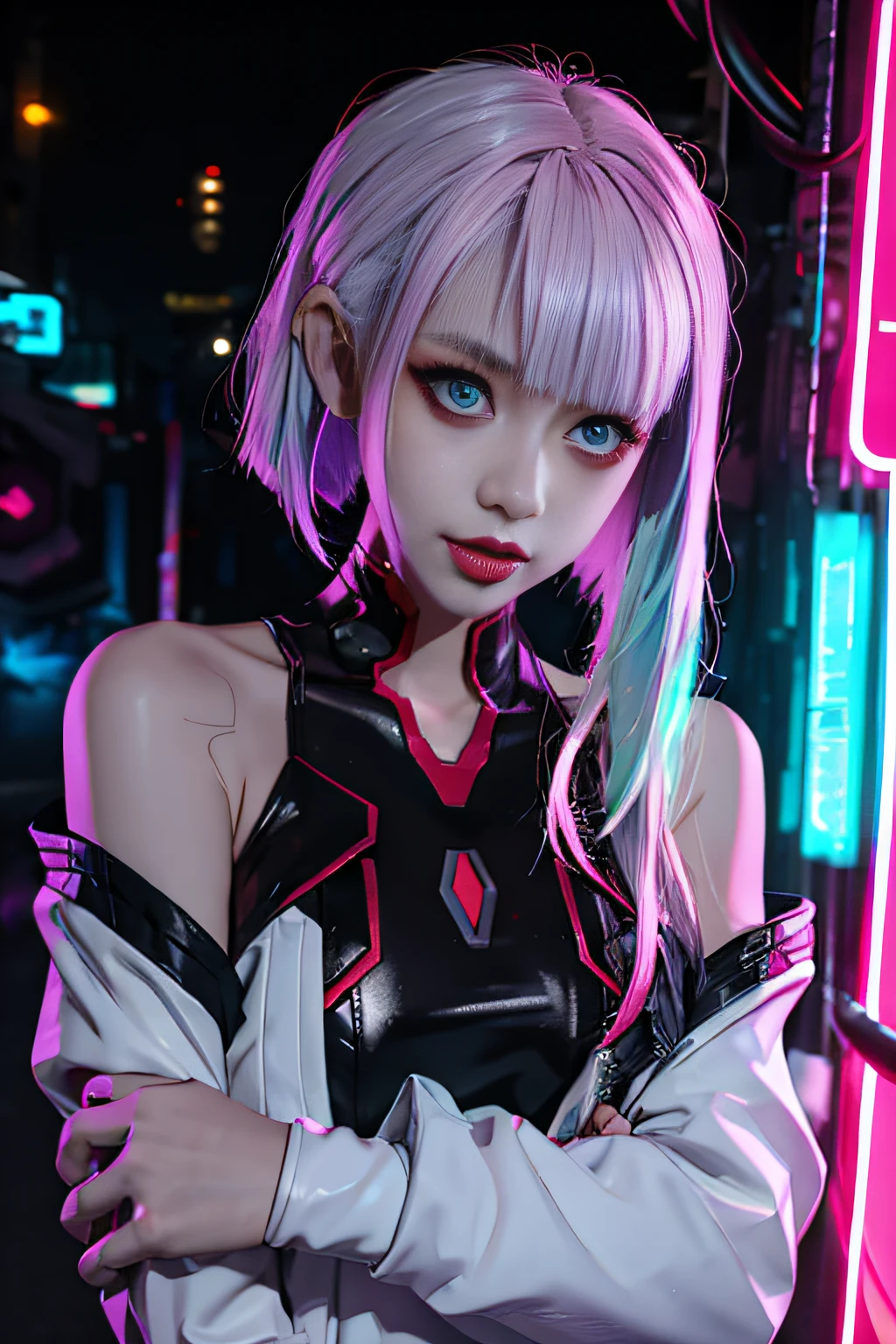 lucy \(cyberpunk\), 1girl, hair scrunchie, hime cut, silver hair, colored tips, full moon, grey eyes, jacket, long sleeves, looking at viewer, medium hair, multicolored hair, parted bangs, parted lips, pink hair, portrait, red eyeliner, red lips, solo, white jacket, cyberpunk \(series\), rainy night in a cyberpunk city with glowing neon lights