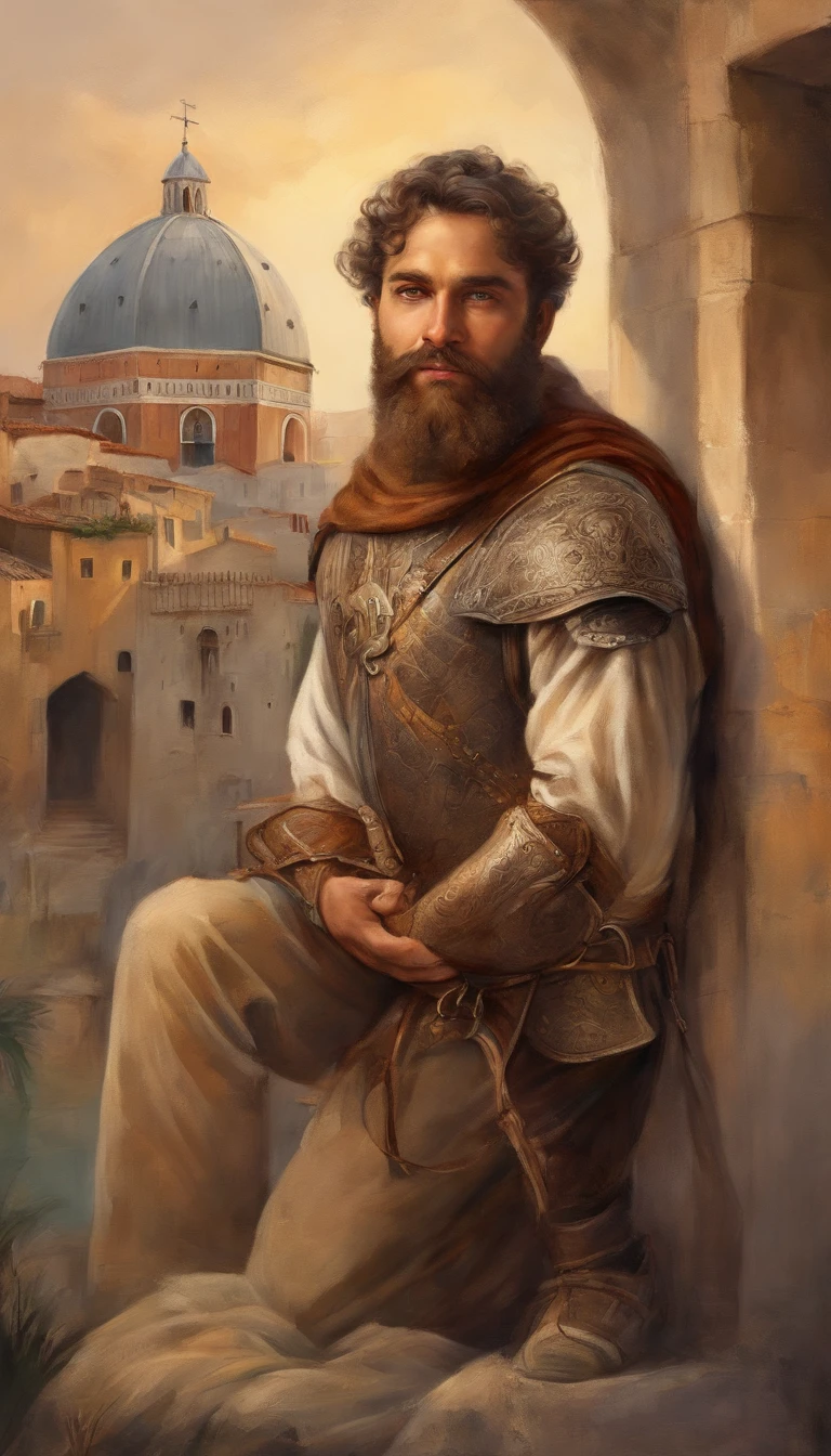 Italian man with beard, slight smirk, smirk, young, looking at viewer, smile, curly hair, olive skin, tan skin, shoulder length hair, laminar leather armour, bright skies, brown hair, short beard, renaissance, renaissance armour, Venice, renaissance city, Italian city, Italy, scar, modelshoot style, (extremely detailed CG 8k wallpaper), most beautiful artwork in the world, portrait, trend at ArtStation, trend at CGSociety, Intricate, High Detail, Sharp Focus, Dramatic and Photorealistic Painting Art