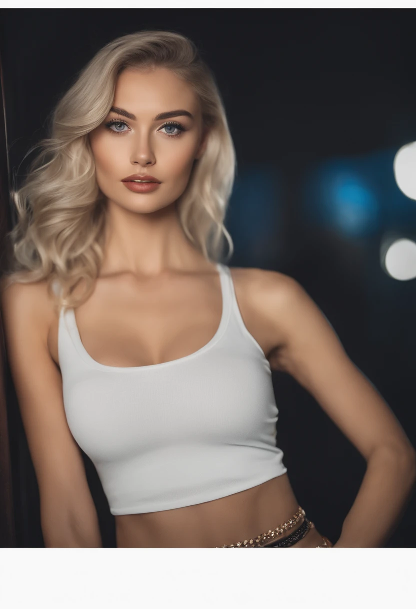 blonde woman with matching tank top and skirt posing at a night club, fille sexy aux yeux bleus, Portrait Sophie Mudd, blur background, best quality, 1girl, Portrait de Corinna Kopf, cheveux blonds et grands yeux, selfie of a young woman, ohne Maquillage, maquillage naturel, Look directly into the camera, Visage avec Artgram, dezentes Maquillage, Superbe photo du corps entier, dans la chambre, Gros seins, Blonde, latina