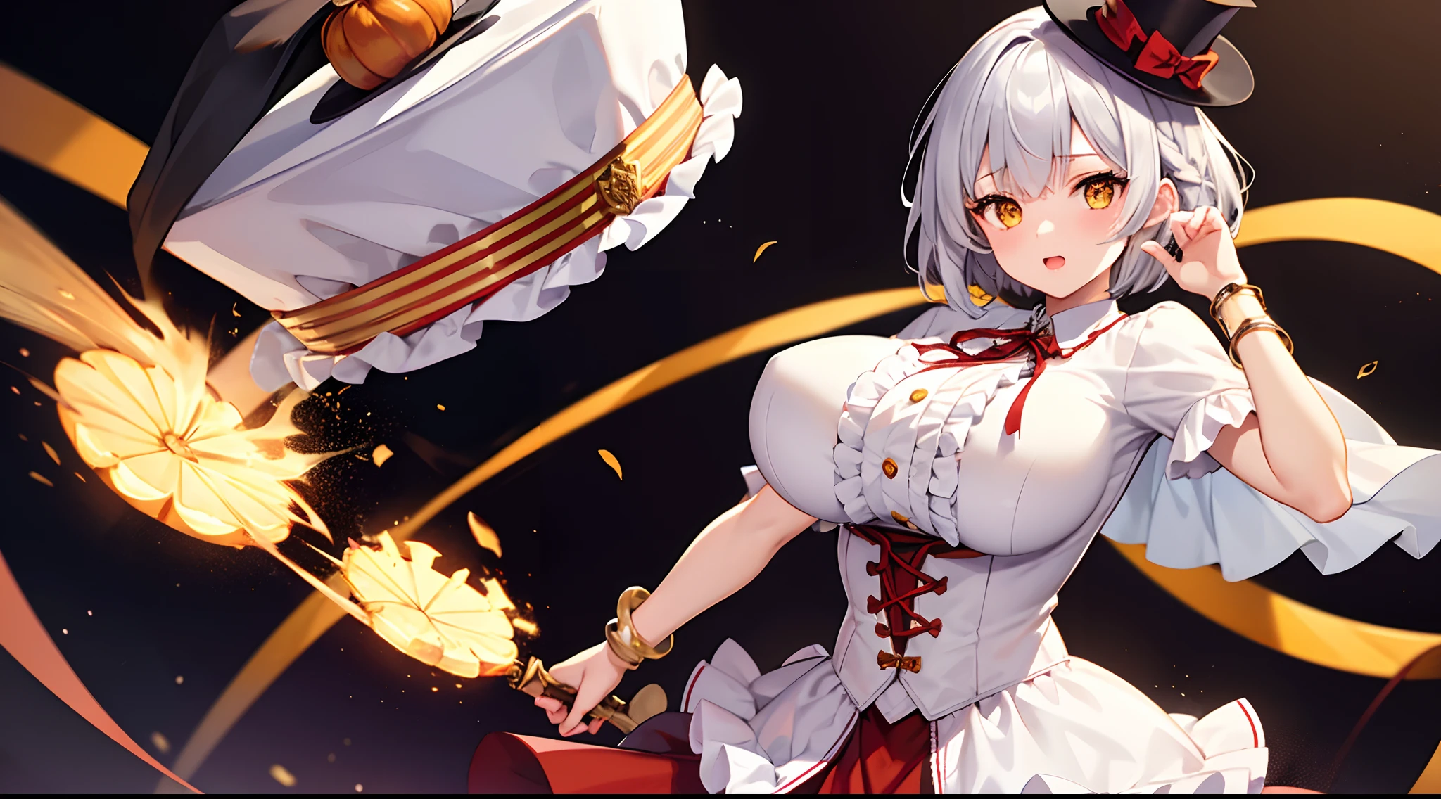 1 girl, game CG, frilled white shirt, short red skirt, cloak, top hat, neck ribbon, bangles, gigantic breasts, silver hair, short hair, french braid, yellow eyes, Halloween background,
