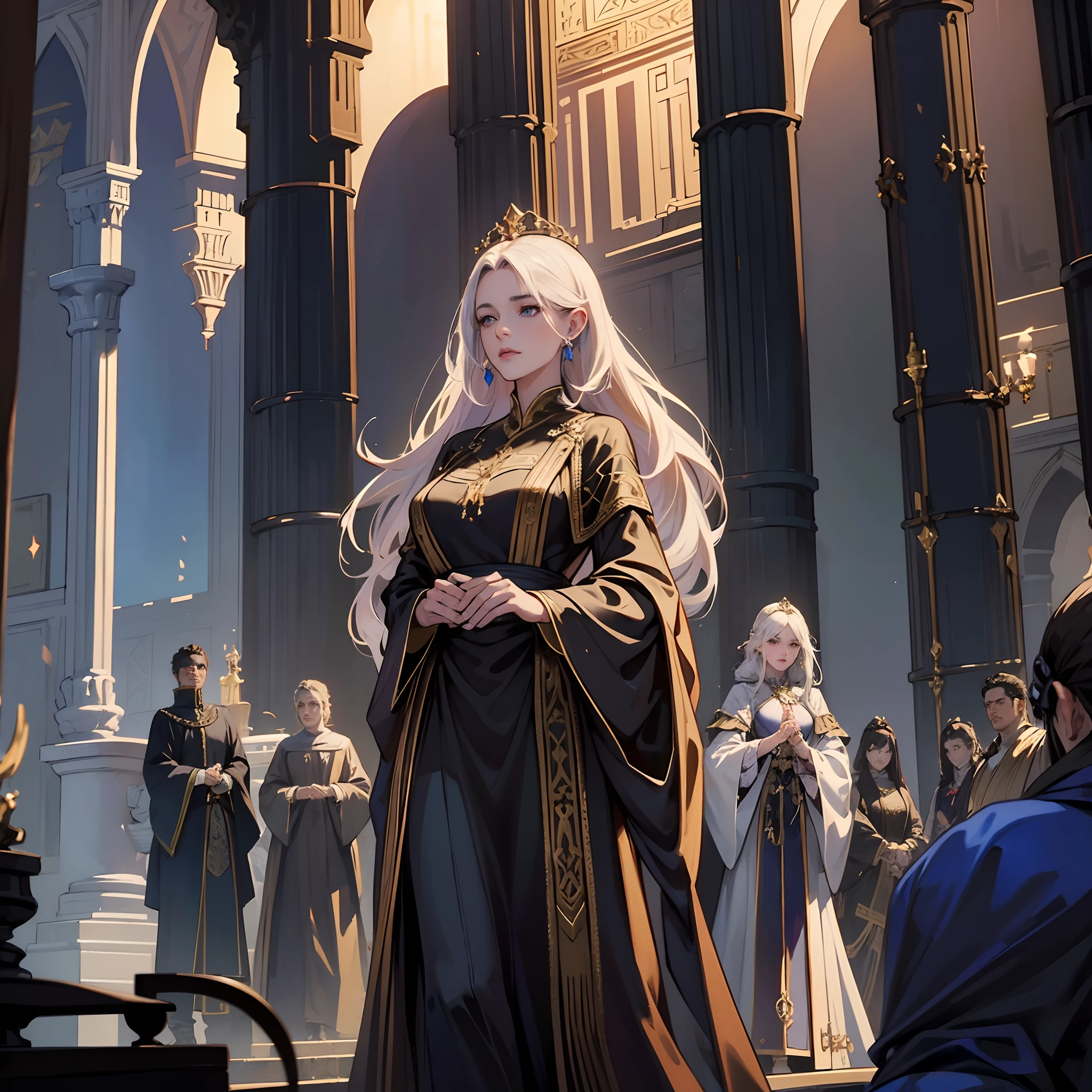 Hyper realistic super detailed Dynamic shot centerpiece cinematic scene scenes movie Legendary Epic Castlevania Lord of the shadows Very beautiful princess Moroccan caftan Porter outfit walking the way to the throne room with her female servants around her showing Respect to her hyper realistic super detailed Dynamic shooting centerpiece Positions at different angles Moroccan environment Very detailed faces Closer zoom shot on Characters Dynamic shot