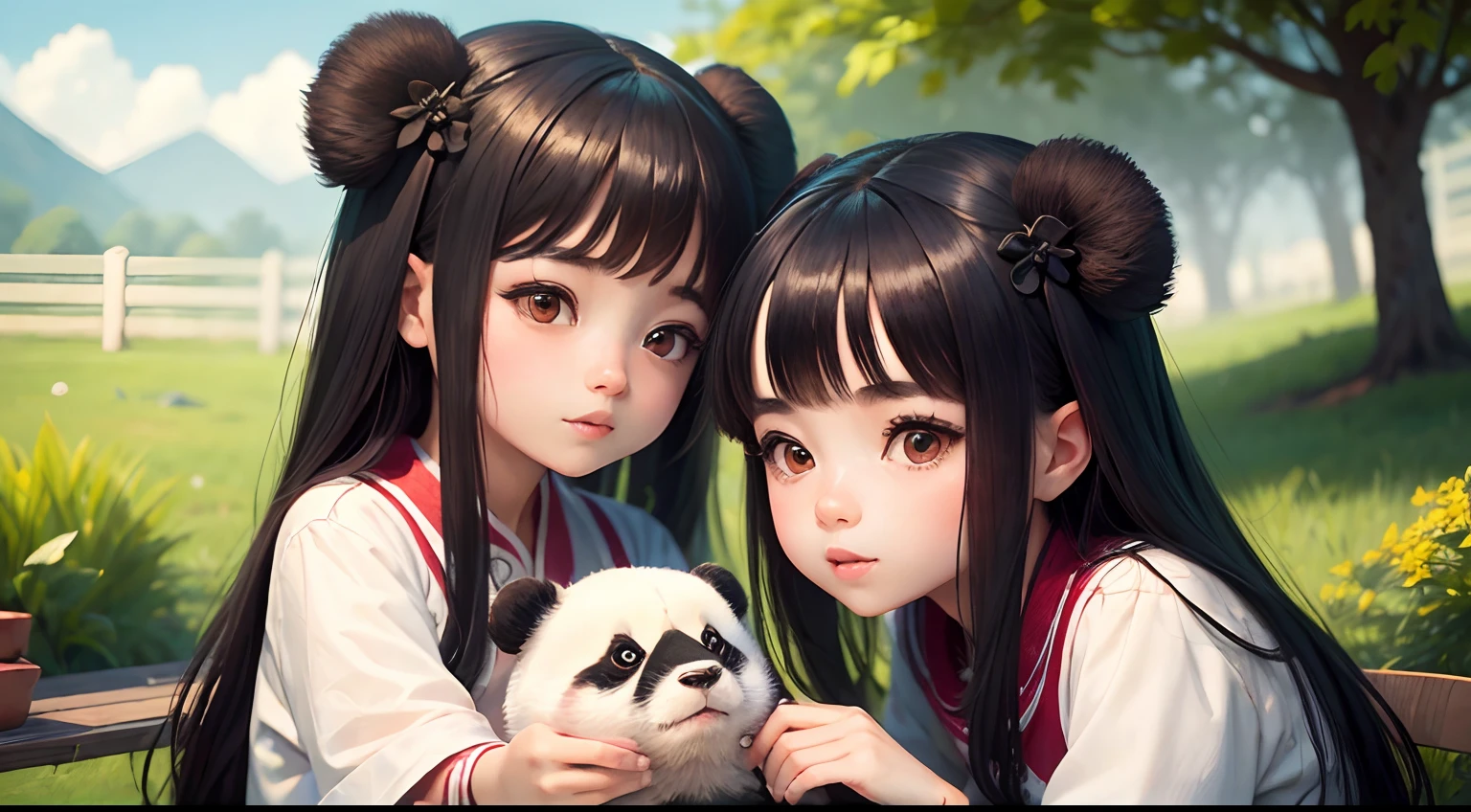 Two cute girls playing with a cute panda,The picture is full of life,creative composition,Picture expressiveness,Mahjong elements,Chinese elements