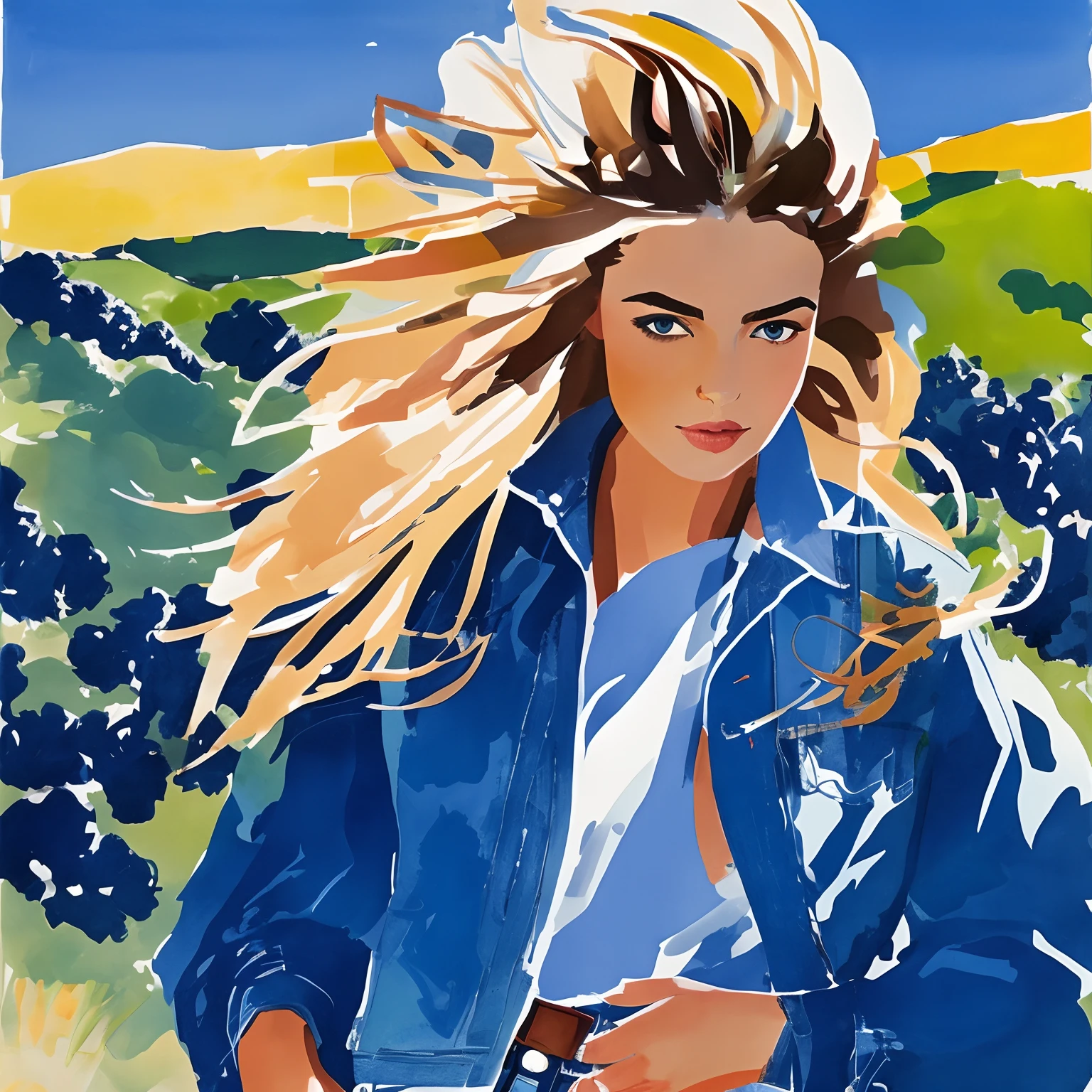 David downton fashion illustration, blonde bob thin hair 1woman, andreea diaconu, trendy blue denim jacket, tuscany green landscape, italy, grape leaves, sunlight