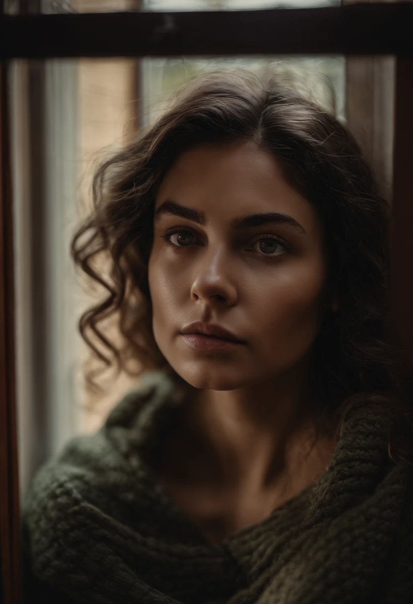 Hay una mujer sentada frente a una ventana con la mano en la barbilla, Retrato suave disparado 8K, Retrato de Lofi en una ventana, Retrato disparado 8K, looking away from camera, Pose reflexiva, looking defiantly at the camera, Looking away from the camera, looking to the side off camera, mirada triste, chica de cabello negro con sudadera con capucha, thoughtful expression