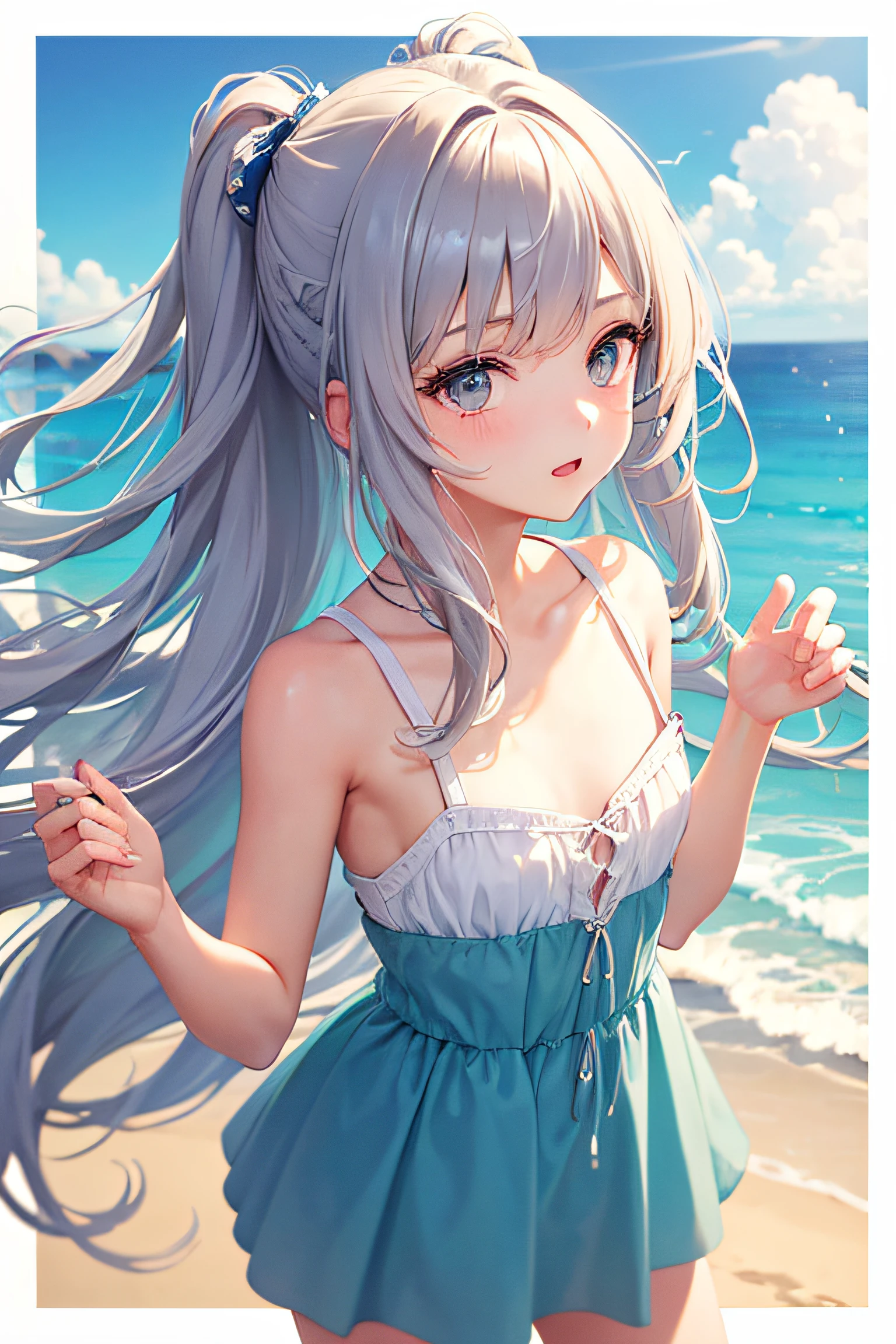 1 Girl, (Masterpiece: 1.1), (Best Quality: 1.1), Summery Sleeveless Mini Dress, (Beach: 1.1), Cowboy Shot, Silver Hair, Long Hair, Green Eyes, Side View,