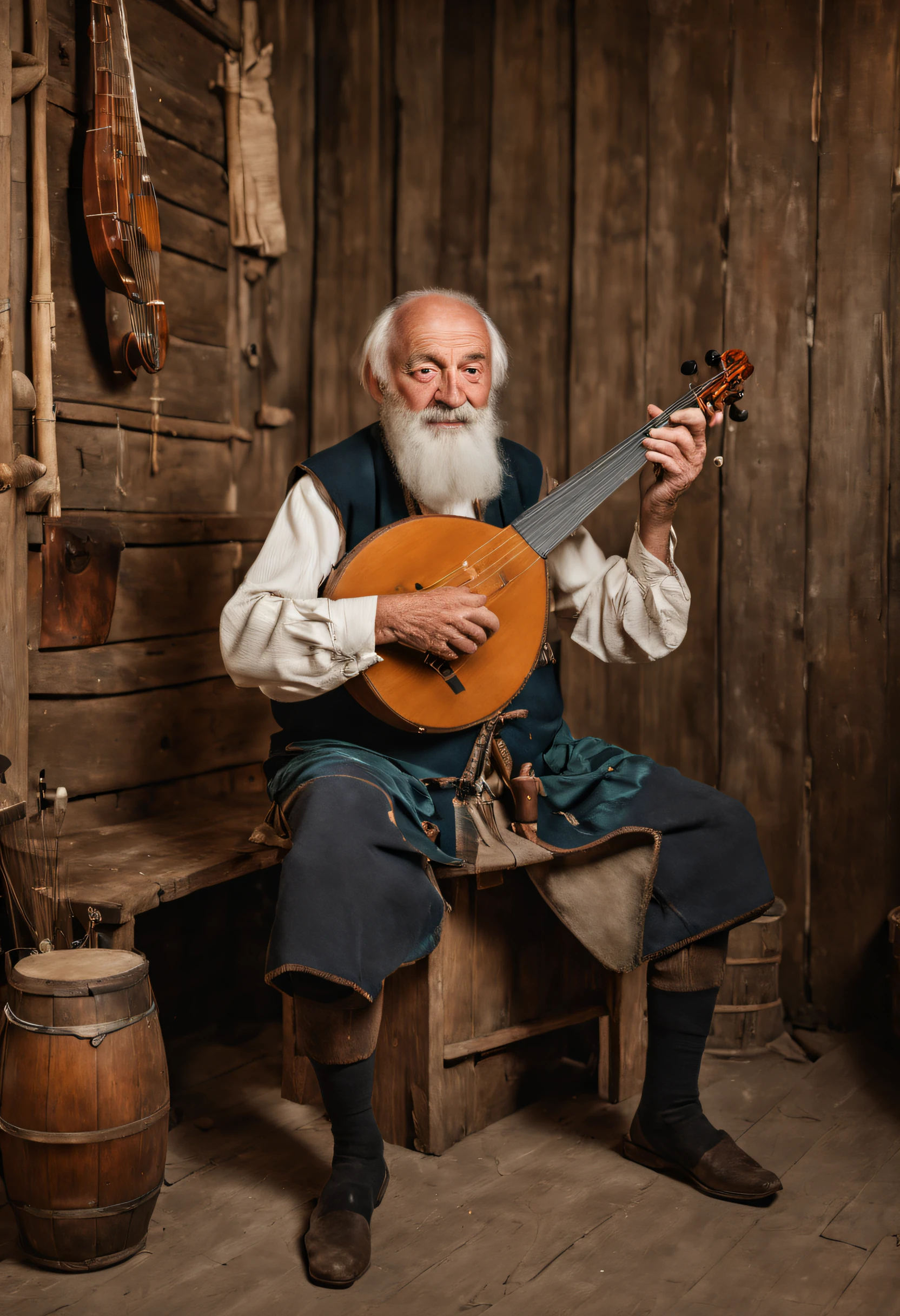 photographic portrait, full length, old villager playing stringed instrument, medieval tavern,professional photoshoot