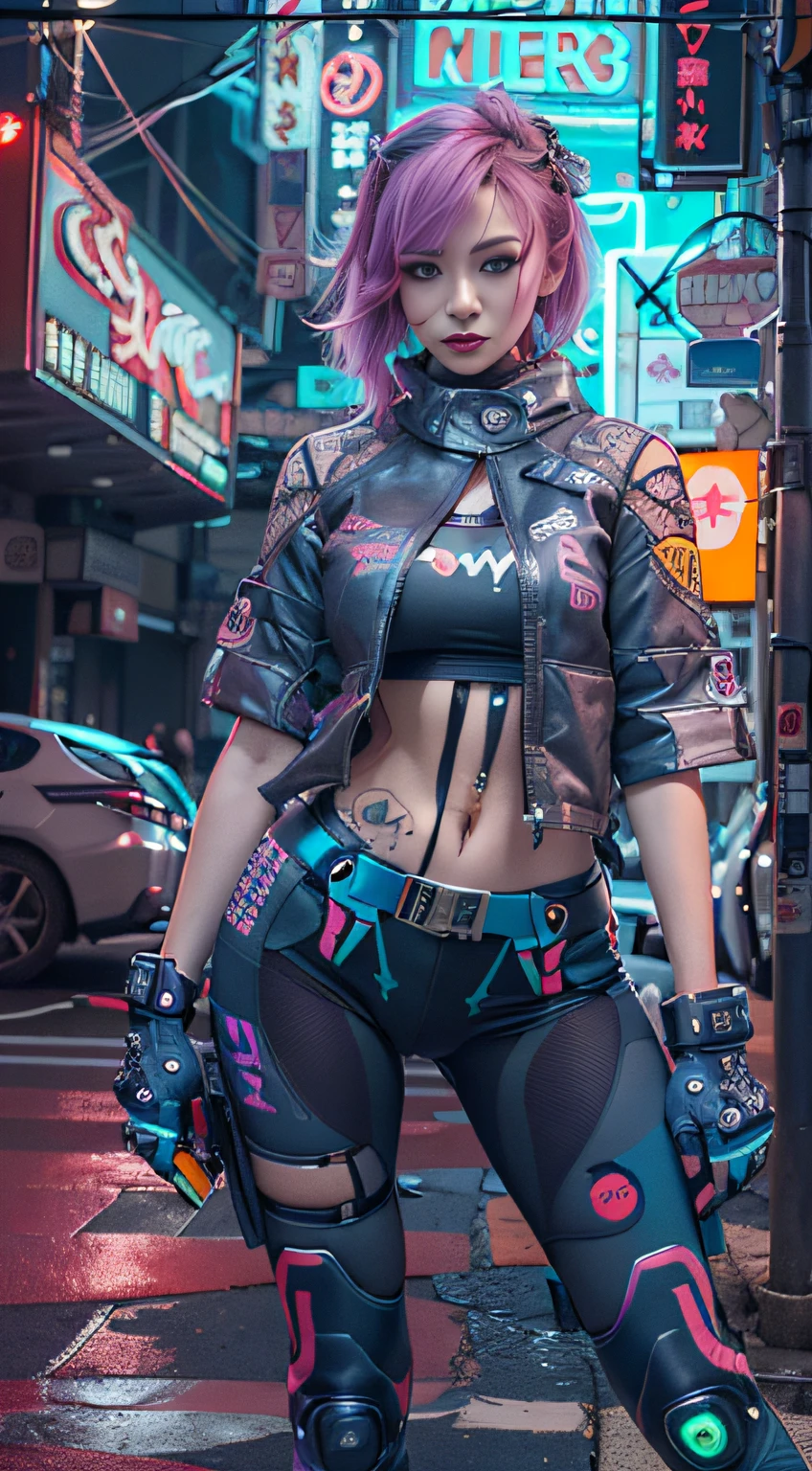 Masterpiece, Best quality, Confident cyberpunk girl, Full body shot, ((Stand in front of the motorcycle)), Popular costumes in Harajuku style, Bold colors and patterns, Eye-catching accessories, Trendy and innovative hairstyle, Vibrant makeup, Cyberpunk's dazzling cityscape, skyscrapper, Neon signs, LED lights, Bright and vivid color scheme, anime big breast, illustration, Detailed skin texture, Detailed cloth texture, Beautiful detailed face, Intricate details, Ultra detailed.