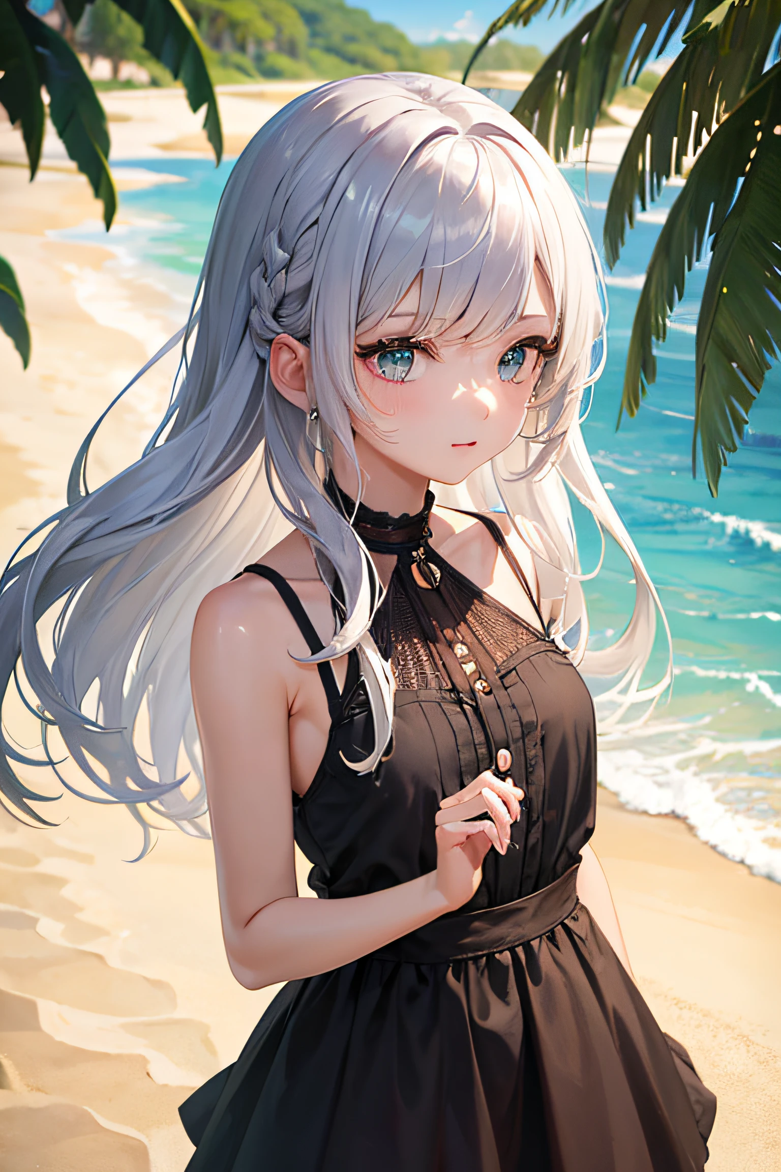 1 Girl, (Masterpiece: 1.1), (Best Quality: 1.1), Summery Sleeveless Mini Dress, (Beach: 1.1), Cowboy Shot, Silver Hair, Long Hair, Green Eyes, Side View,