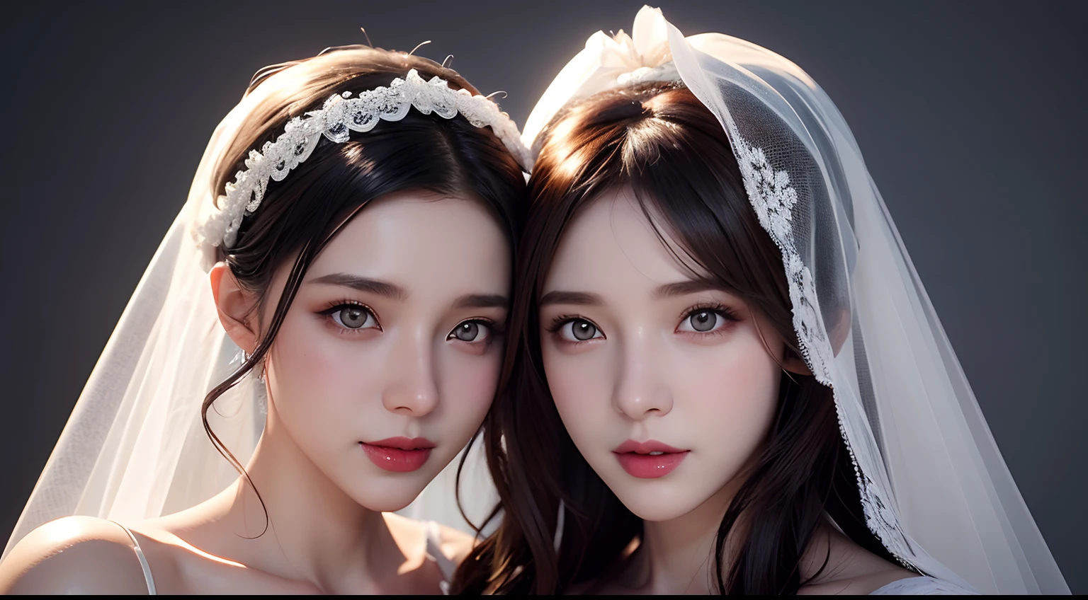 two women in white dresses with red lips and a veil, realistic 3 d style, wlop loish and clamp style, the style of wlop, photorealistic girl render, 8k portrait render