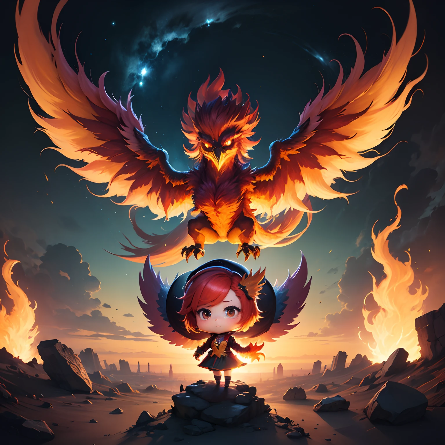 ​masterpiece、top-quality、ultra-detailliert、(Chibi Chara Phoenix:1.2)、flap、burning、