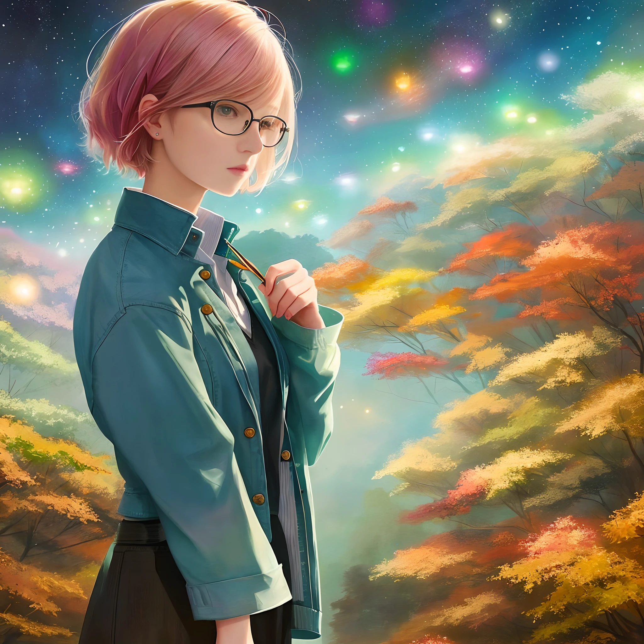 a painting by mse a woman wearing glasses by agnes cecile, short hair, luminous design, pastel colours, ink drips, autumn lights