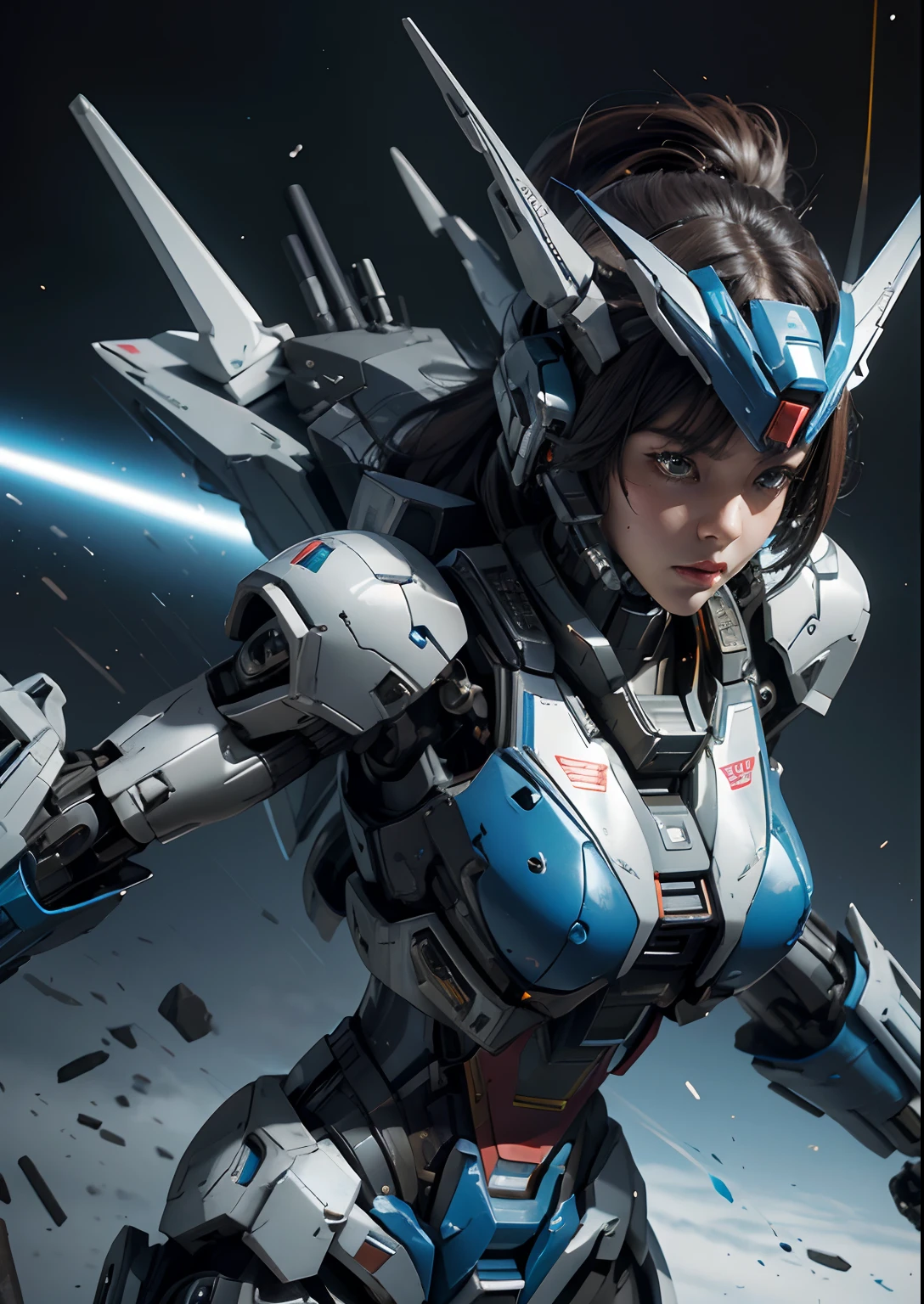 Textured skin, Super Detail, high details, High quality, Best Quality, hight resolution, 1080p, hard disk, Beautiful,(Gundam),beautiful cyborg woman,Mecha Cyborg Girl,Battle Mode,Girl with a Mecha Body,She wears a futuristic Gundam mecha,Fulll body Shot