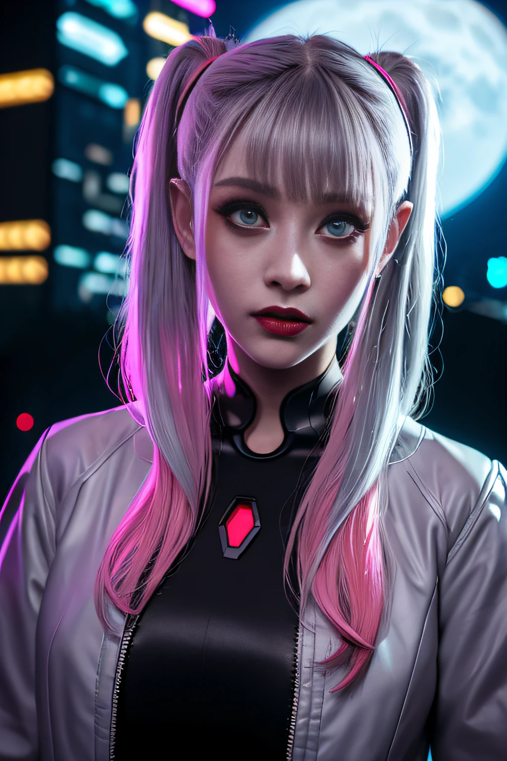 lucy \(cyberpunk\), 1girl,  hair scrunchie, hime cut, silver hair, colored tips, full moon, grey eyes, jacket, long sleeves, looking at viewer, medium hair, multicolored hair, parted bangs, parted lips, pink hair, portrait, red eyeliner, red lips, solo, white jacket, cyberpunk \(series\), rainy night in a cyberpunk city with glowing neon lights