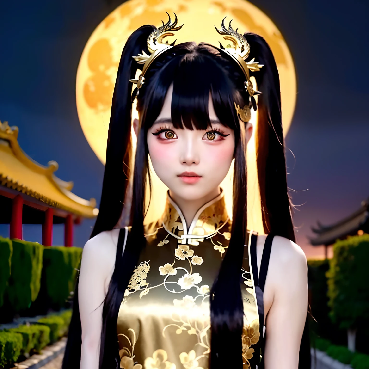 Masterpiece, best quality, outdoor, night, full moon, 1 girl,, solo,, lakeside, branches, Chinese style, ancient China, black hair, black eyes, forked hair, long hair, long bangs, beautiful, cute, tall, calm, black and gold mixed clothing, gold pattern, dragon pattern, prince,