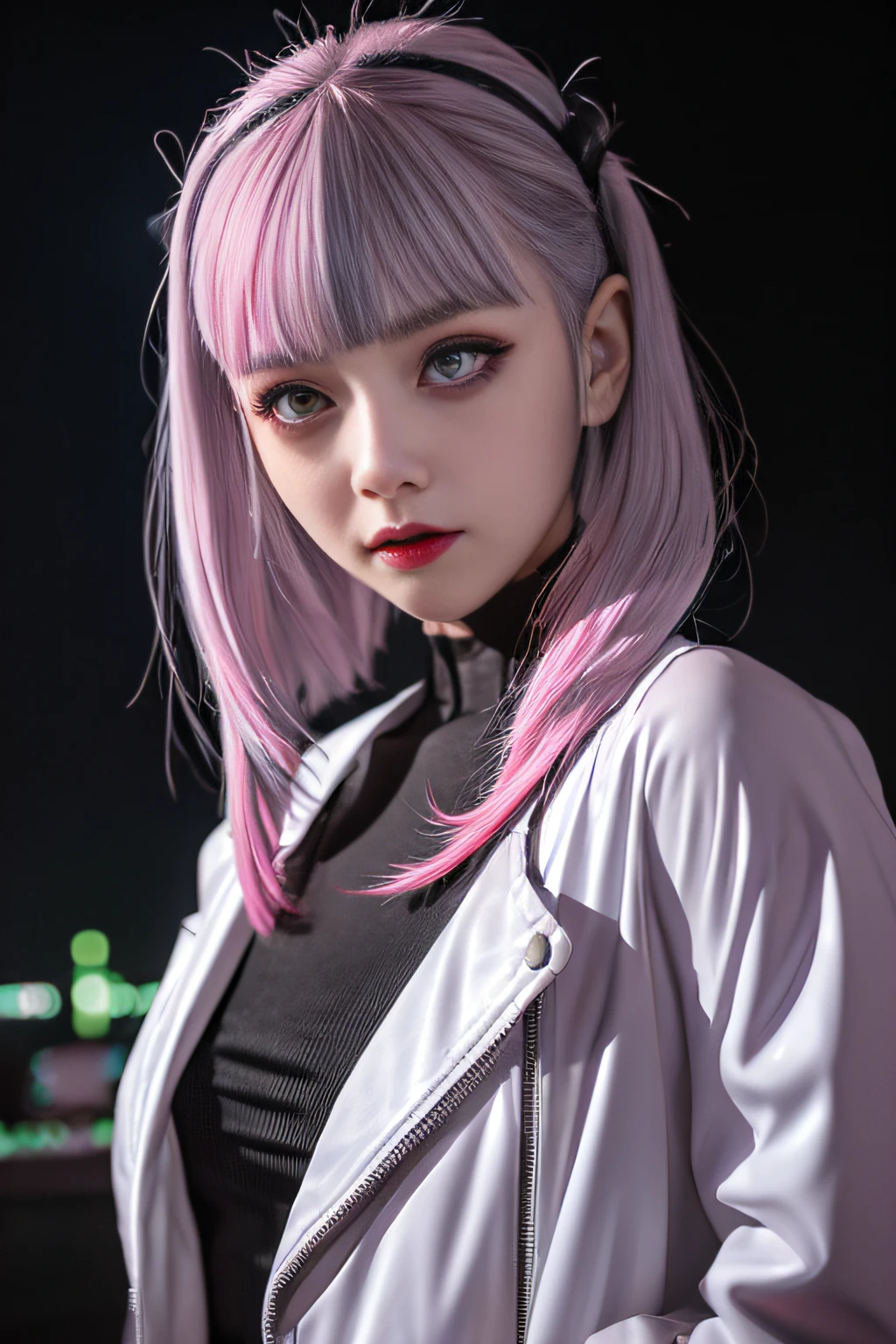 lucy \(cyberpunk\), 1girl, hair scrunchie, hime cut, silver hair, colored tips, full moon, grey eyes, jacket, long sleeves, looking at viewer, medium hair, multicolored hair, parted bangs, parted lips, pink hair, portrait, red eyeliner, red lips, solo, white jacket, cyberpunk \(series\), rainy night in a cyberpunk city with glowing neon lights
