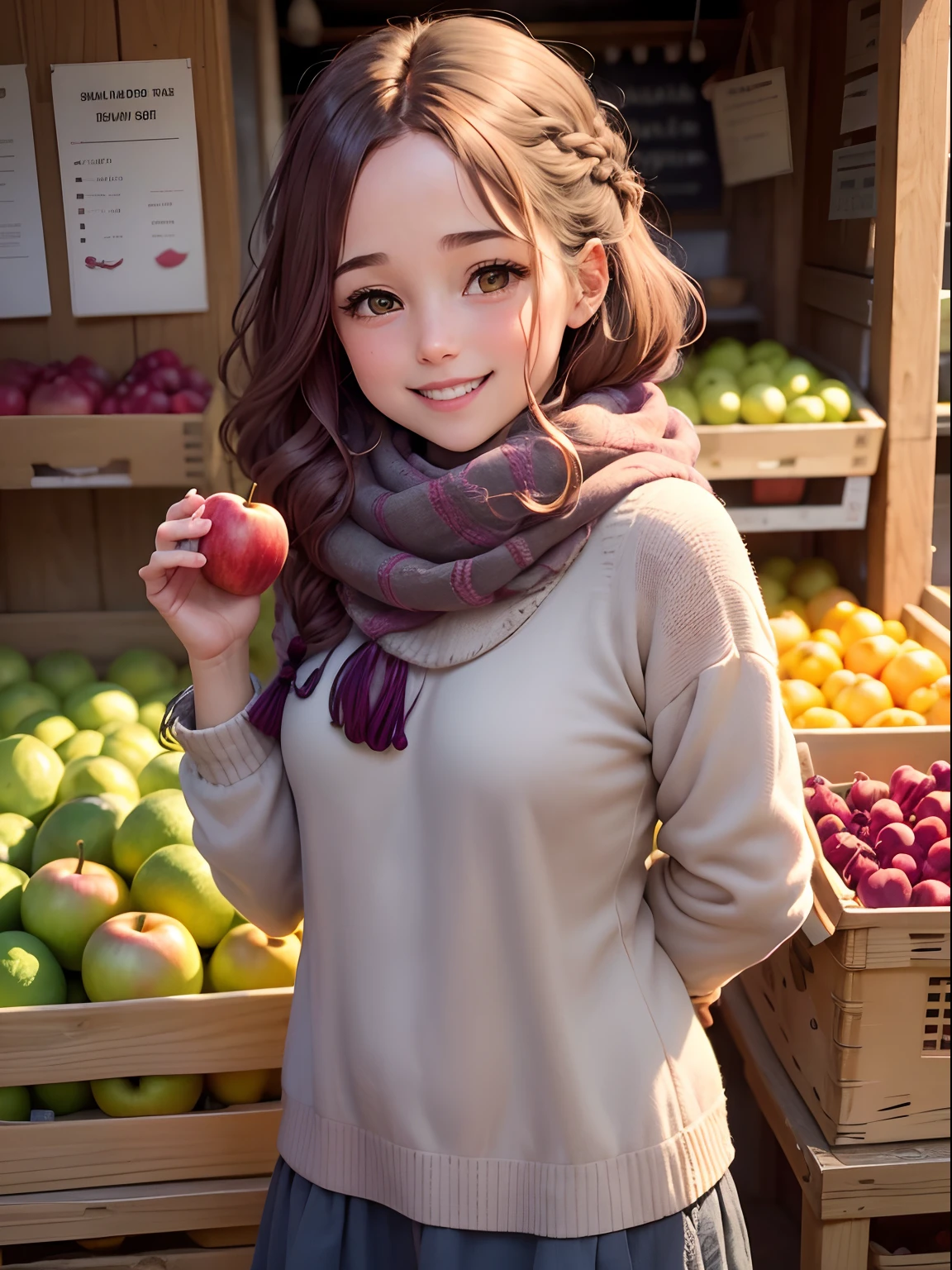 Cheerful 30 year old woman, frizzy plaited brown hair, round face, plump, smiling eyes, laughing, ruddy cheeks, one hand behind back, one hand hidden, wearing multi-coloured woollen jumper, keffiyeh, one arm hidden, one arm behind back, one arm held hidden behind back, at a very small fruit and vegetable stall, gloomy day, mist, overcast, grey, holding up cabbage, a few apples, beetroot, lots of cabbages, busy market