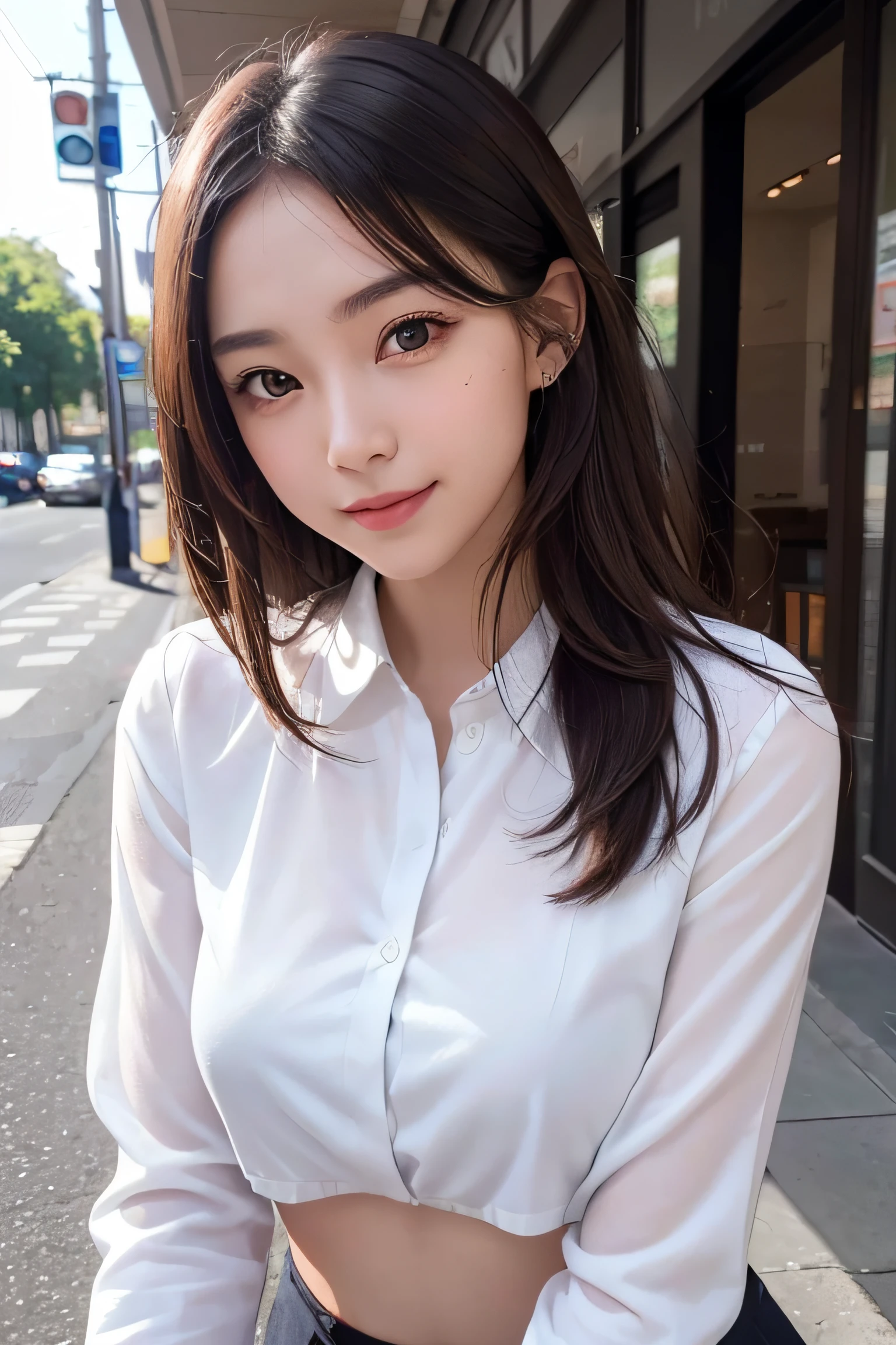 seed:3783591548.((Full body angle:1.1)).((highest quality, 8K, masterpiece:1.3)), ((from below:1.1)).concentrated:1.2, Perfect body beauty:1.4, Hips:1.2, ((Delicate Hair)), (Colorful button-through crop shirt.mini skirt :1.1) , ((highest quality、8K、masterpiece:1.3))、1 Girl、A sloppy smile、Esbian all over、Slim face、Big 、Beautiful woman、(Dark Brown Hair)、Long Hair、1.1、Flickering Valley、Detailed eyes、double eyelid、Blurred Background、超Slim face、Smile、Looking down、stroll、