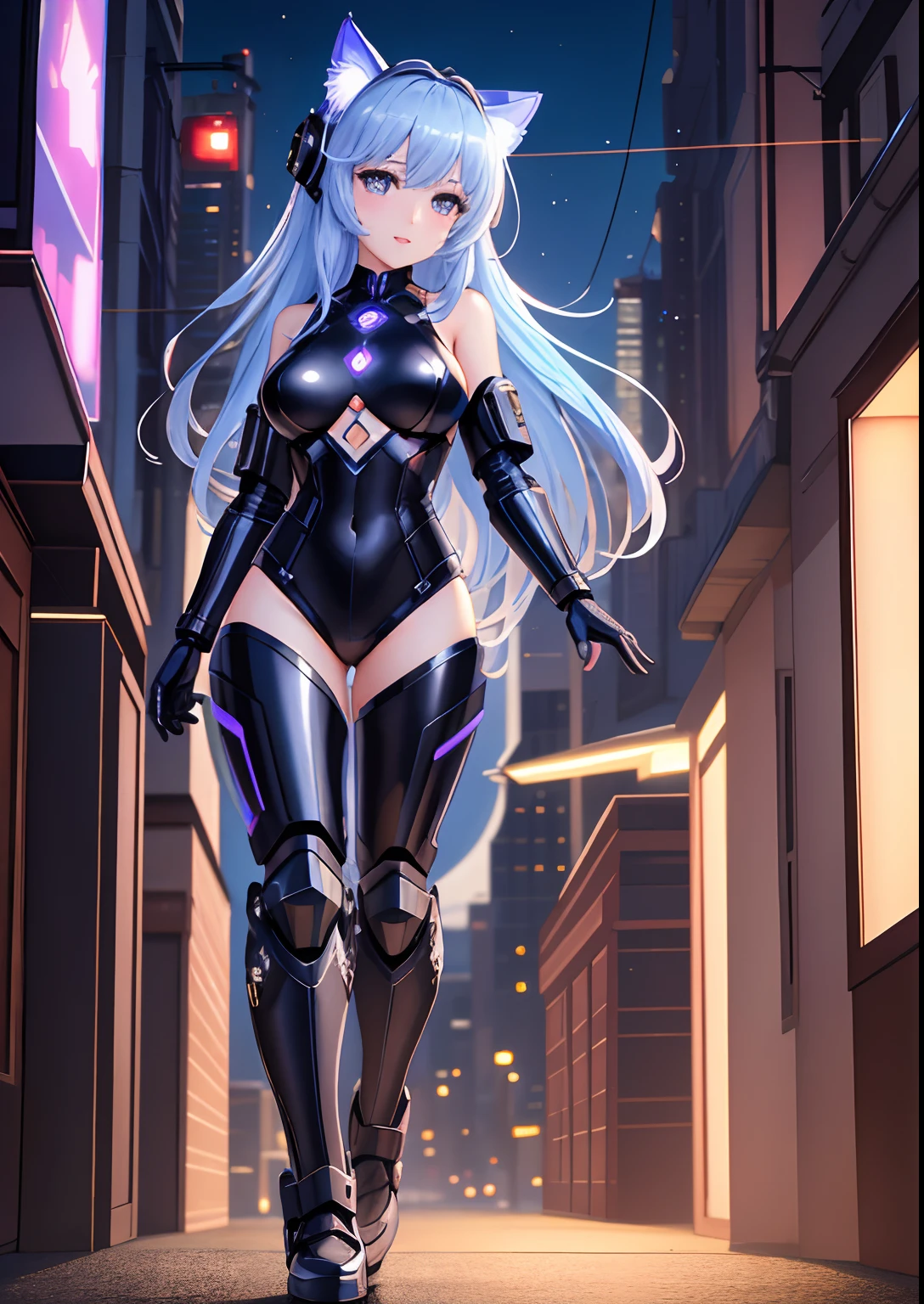 top-quality、8K、a picture、beautidful eyes、A detailed eye、giant 3d printer、1girl in、cyborgs、full body Esbian、perfect bodies、Running、Normal breasts、Top Viewers、Cat ear helmet、Cyberpunk costumes、a cool