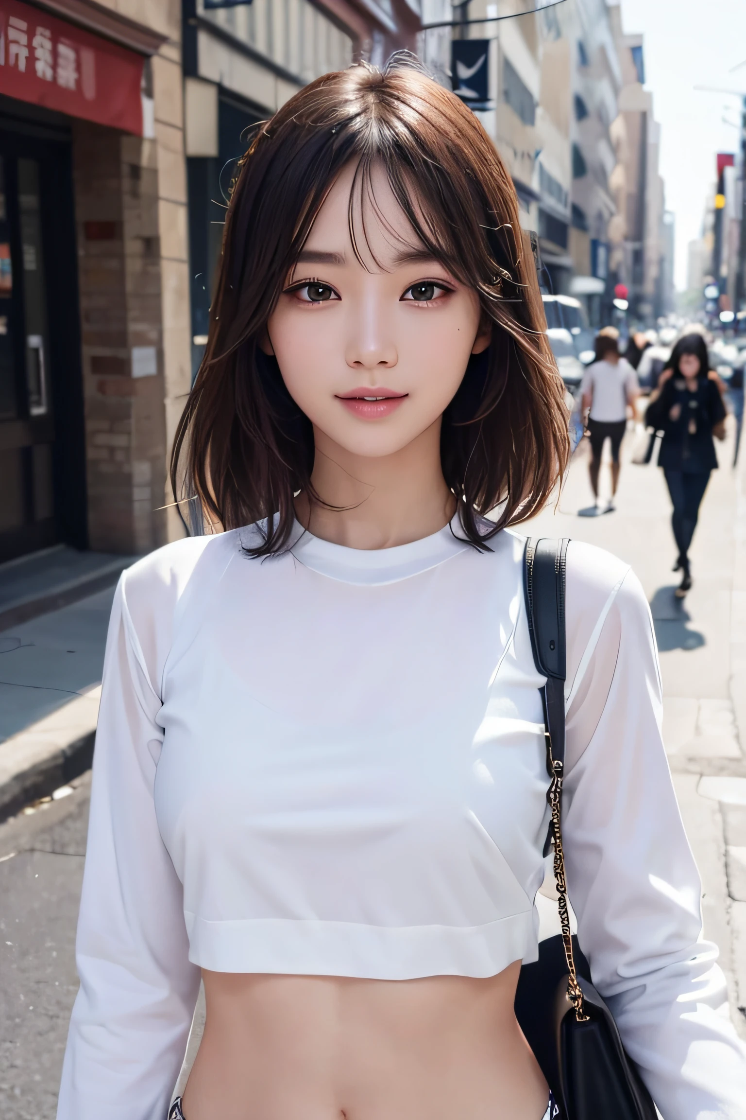 RAW photos, camera gaze, ((top quality, 8k, masterpiece: 1.3)), sharp focus: 1.2, (1girl) ,white shirt, pretty features, best smile, cute smile, beautiful woman in perfect style: 1.4, slender abs: 1.2, dark brown hair, (natural light, city street: 1.1), highly detailed face and skin texture, detailed eyes, double eyelids