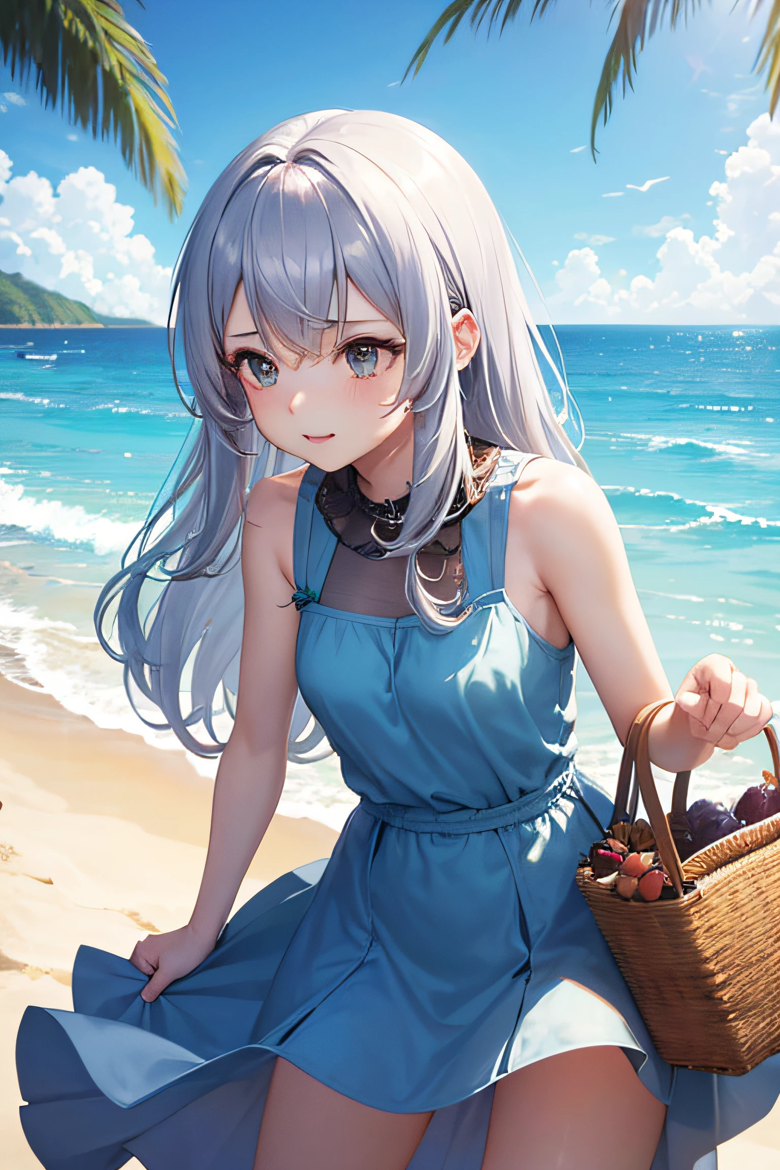 1 girl in, (masutepiece: 1.1), (Best Quality: 1.1), Summery sleeveless mini dress, (Beach: 1.1), From below、Cowboy Shot, Silver hair, Long hair, Green eyes, Side view,