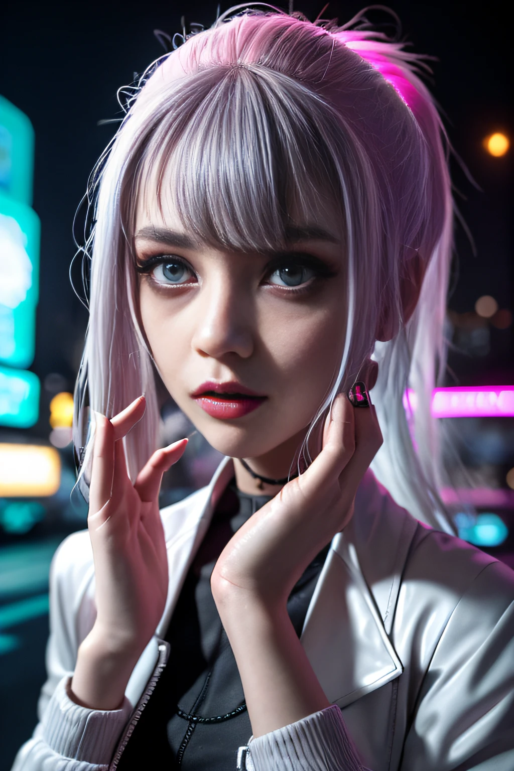 lucy \(cyberpunk\), 1girl,  hair scrunchie, hime cut, silver hair, colored tips, full moon, grey eyes, jacket, long sleeves, looking at viewer, medium hair, multicolored hair, parted bangs, parted lips, pink hair, portrait, red eyeliner, red lips, solo, white jacket, cyberpunk \(series\), rainy night in a cyberpunk city with glowing neon lights