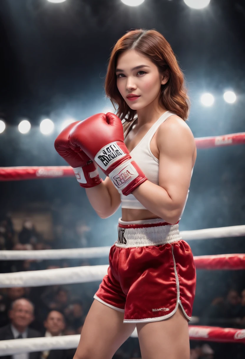 best quality, Very complex CG Unity 8K wallpapers, boxer, (real light:2), 超High resolution, high-detail, very realistic, 1girl in, (boxing gloves), floral, shining_head_hair、(((short_head_hair))), long wavy Hair Hair, FULL SHOT, looking at the audience, smiling ((Boxing ring)), Bright atmosphere, Spotlight, detailed background